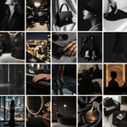 Grid of 20 dark luxury stock images including fashion, accessories, cocktails, and moody interiors. Ideal for branding and digital design projects.