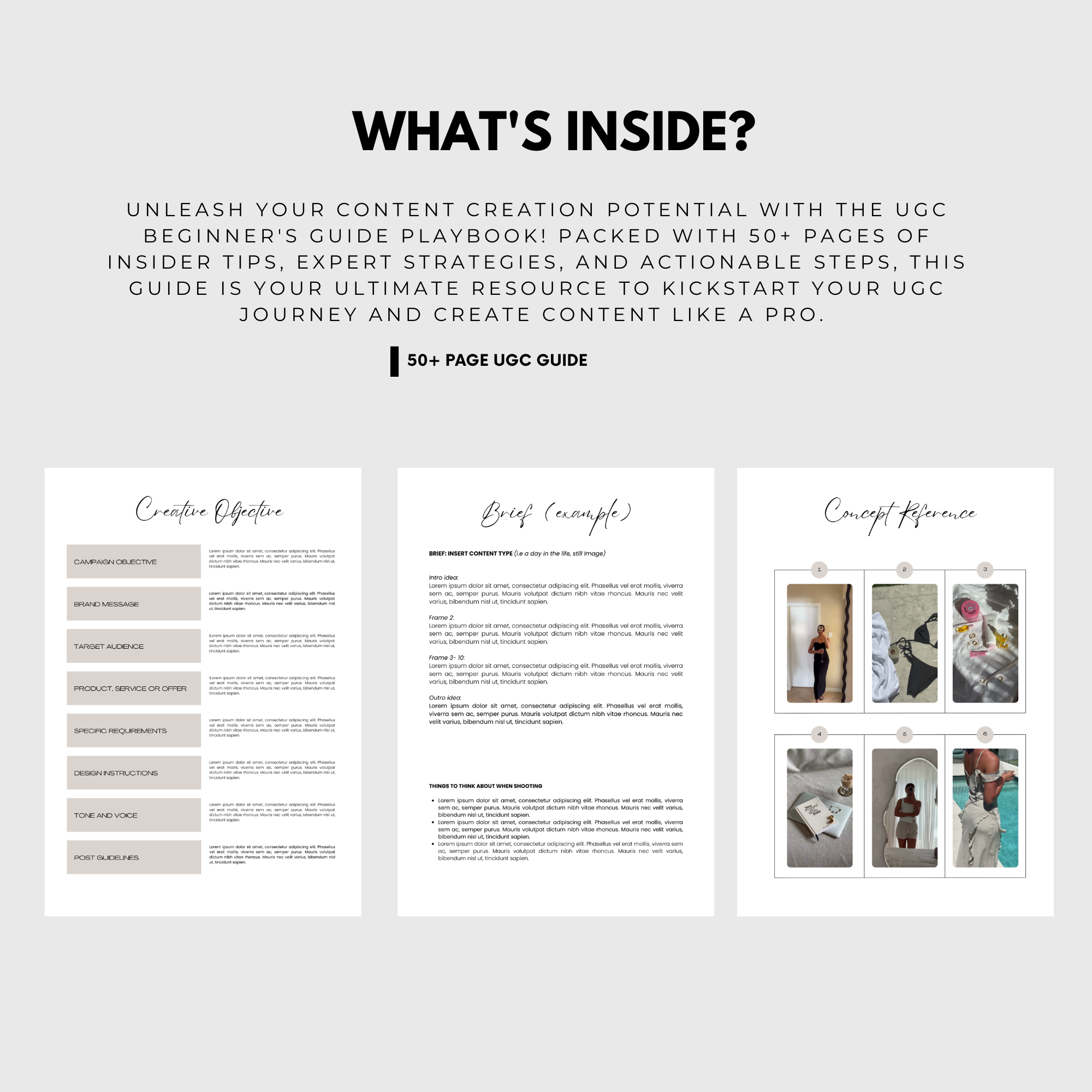 UGC Content Brief Template showcasing customizable sections for creative objectives, example briefs, and content reference visuals. Ideal for influencers and brands.
