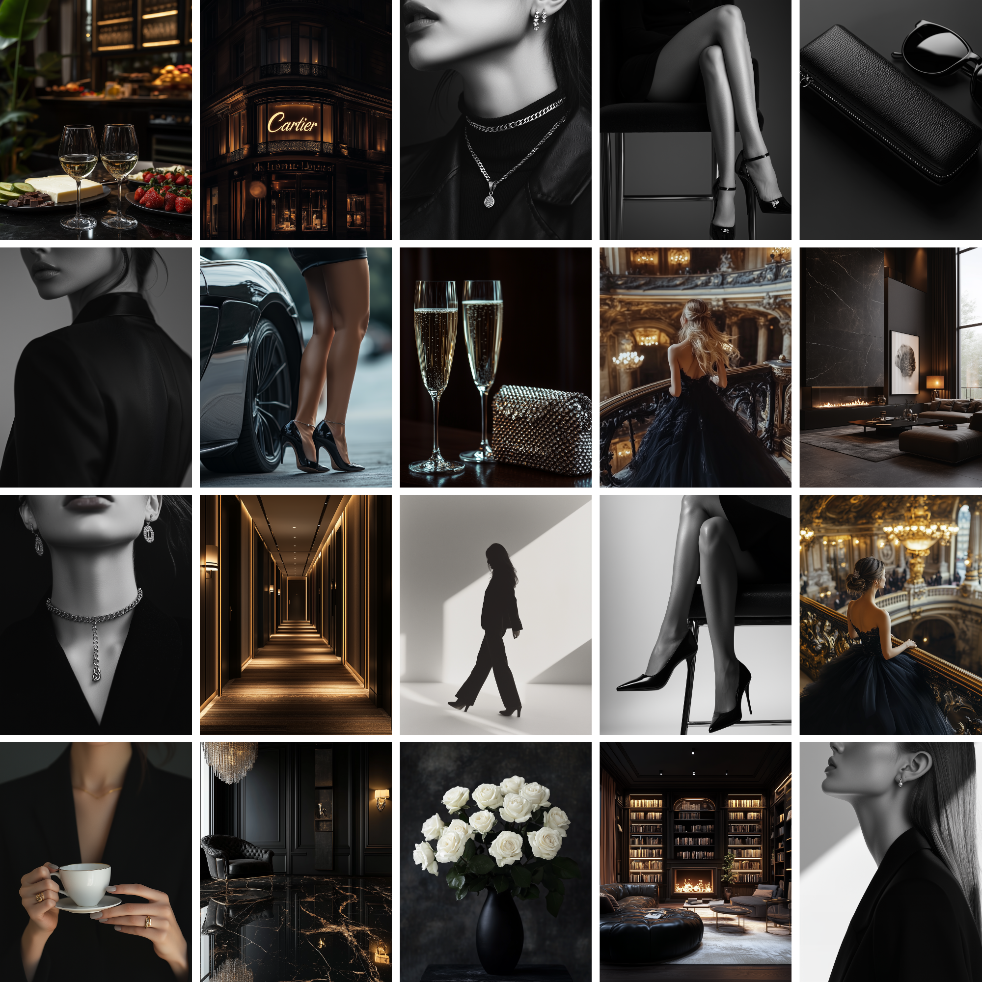 Collection of 25 dark luxury stock images featuring upscale fashion, interiors, and lifestyle. Designed for bold branding and premium content creation.