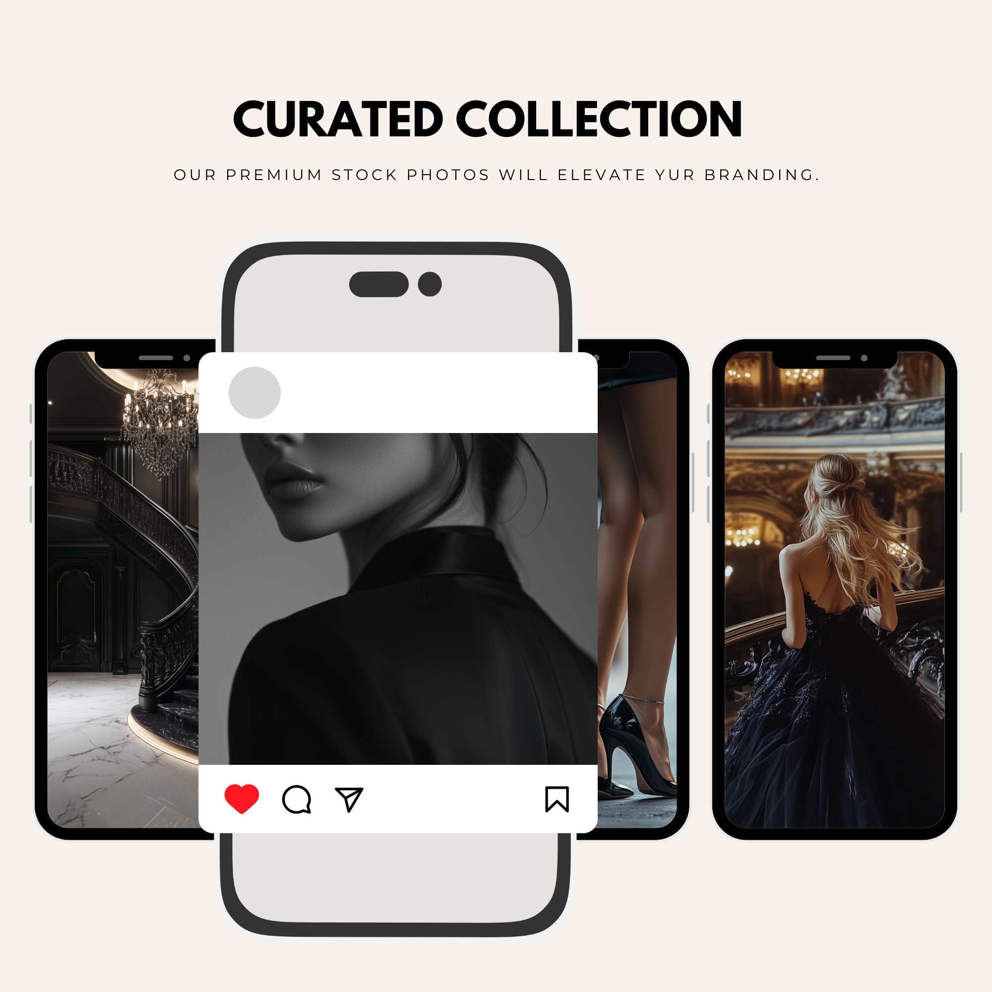 Curated collection of dark luxury stock images displayed on smartphones. Designed to elevate branding for bold and elegant digital content.