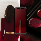 Dark cherry red stock photo pack with luxury lipstick, eyeshadow palette, and fashion-forward woman in red outfit for digital branding.