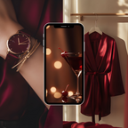 Stylish cherry red stock images featuring a cocktail, satin robe, and luxury watch, ideal for social media and web design aesthetics.