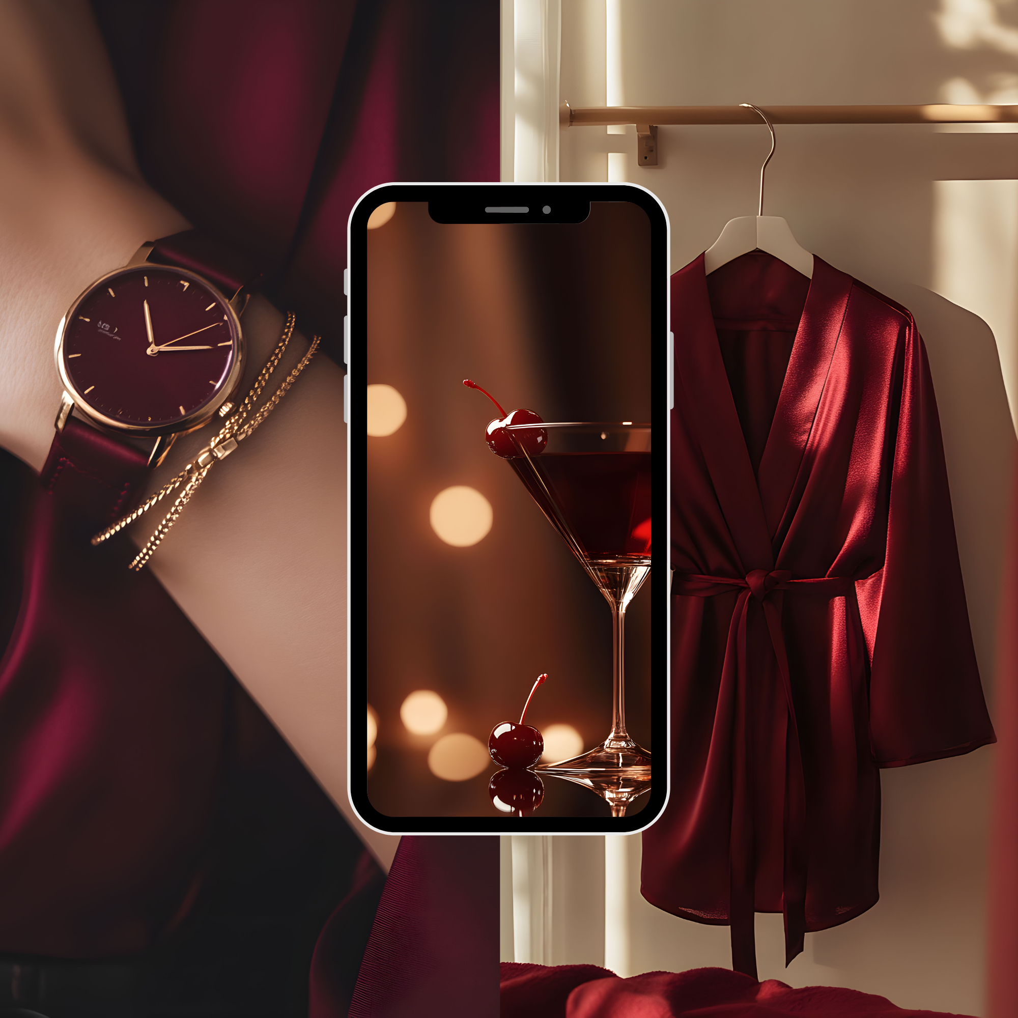 Stylish cherry red stock images featuring a cocktail, satin robe, and luxury watch, ideal for social media and web design aesthetics.