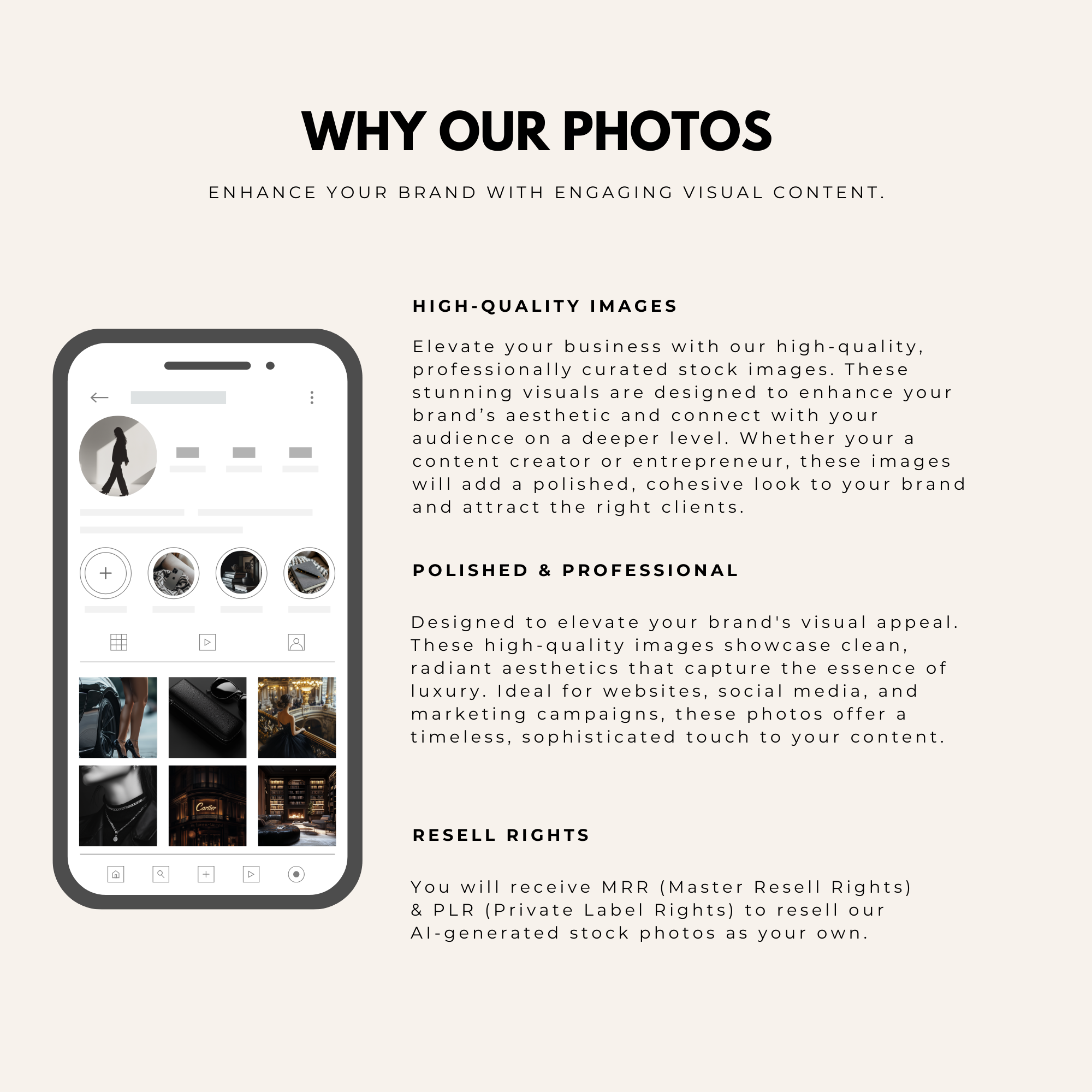 Explanation of benefits of 45 Dark Luxury Stock Images including high-quality visuals, polished aesthetics, and resell rights for digital creators.