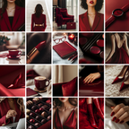 Collage of 100 dark cherry red stock images including fashion, beauty, and lifestyle visuals for bold digital marketing and branding.
