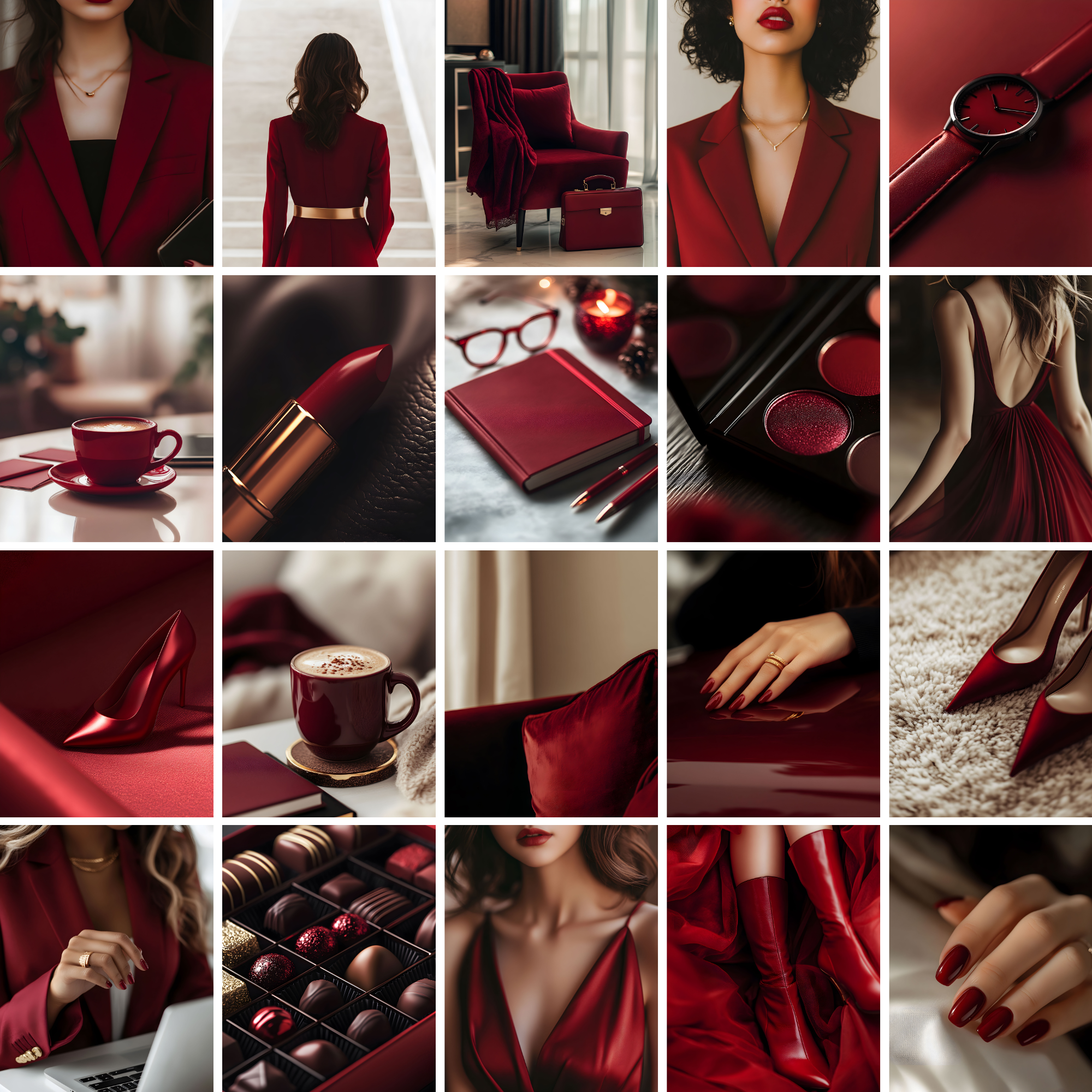 Collage of 100 dark cherry red stock images including fashion, beauty, and lifestyle visuals for bold digital marketing and branding.