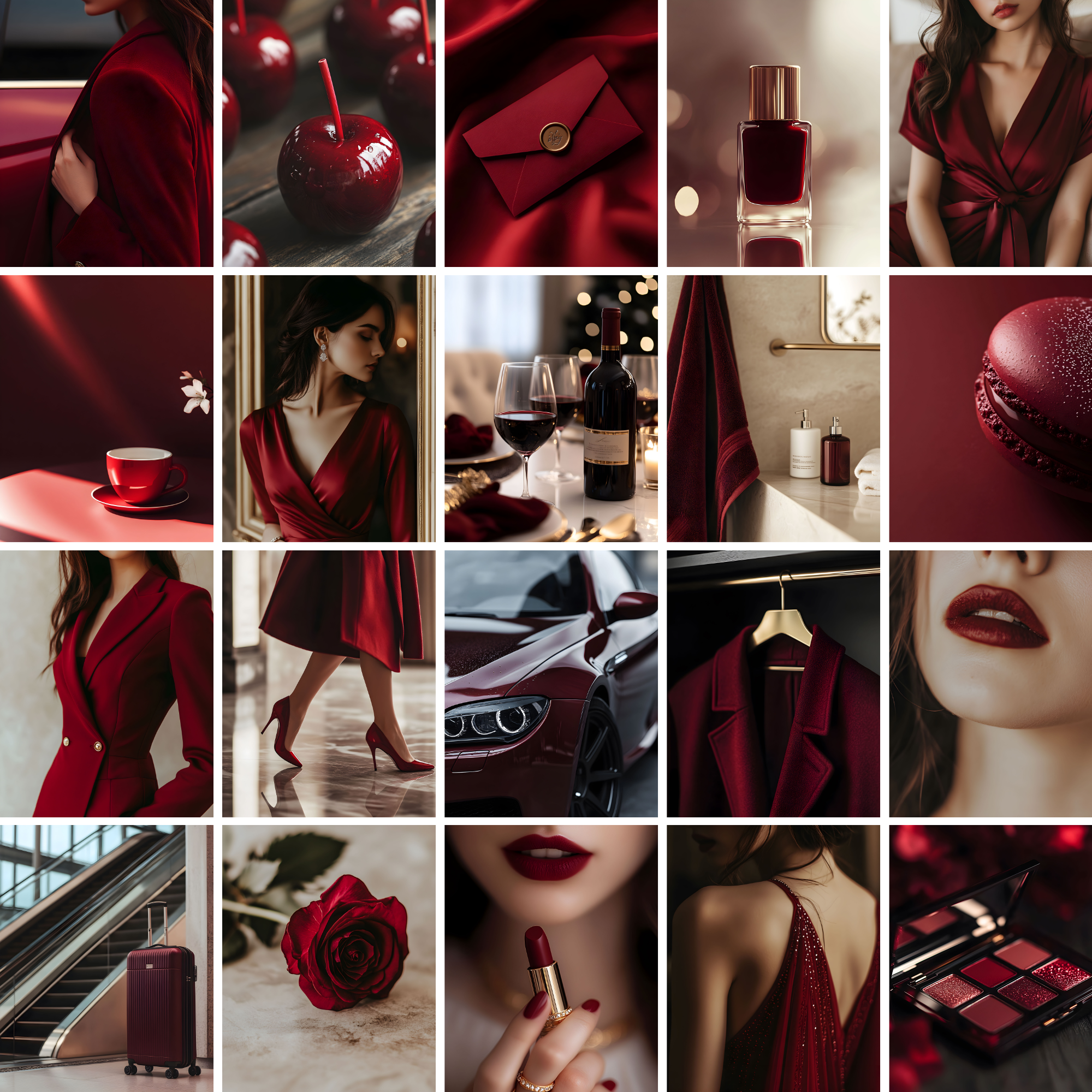 High-end cherry red stock images featuring fashion, beauty, and lifestyle elements like lipstick, dresses, and cars for digital creators.