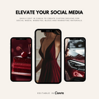 Editable Canva templates using cherry red stock images for social media, featuring cake, fashion, and luxury car visuals in bold tones.