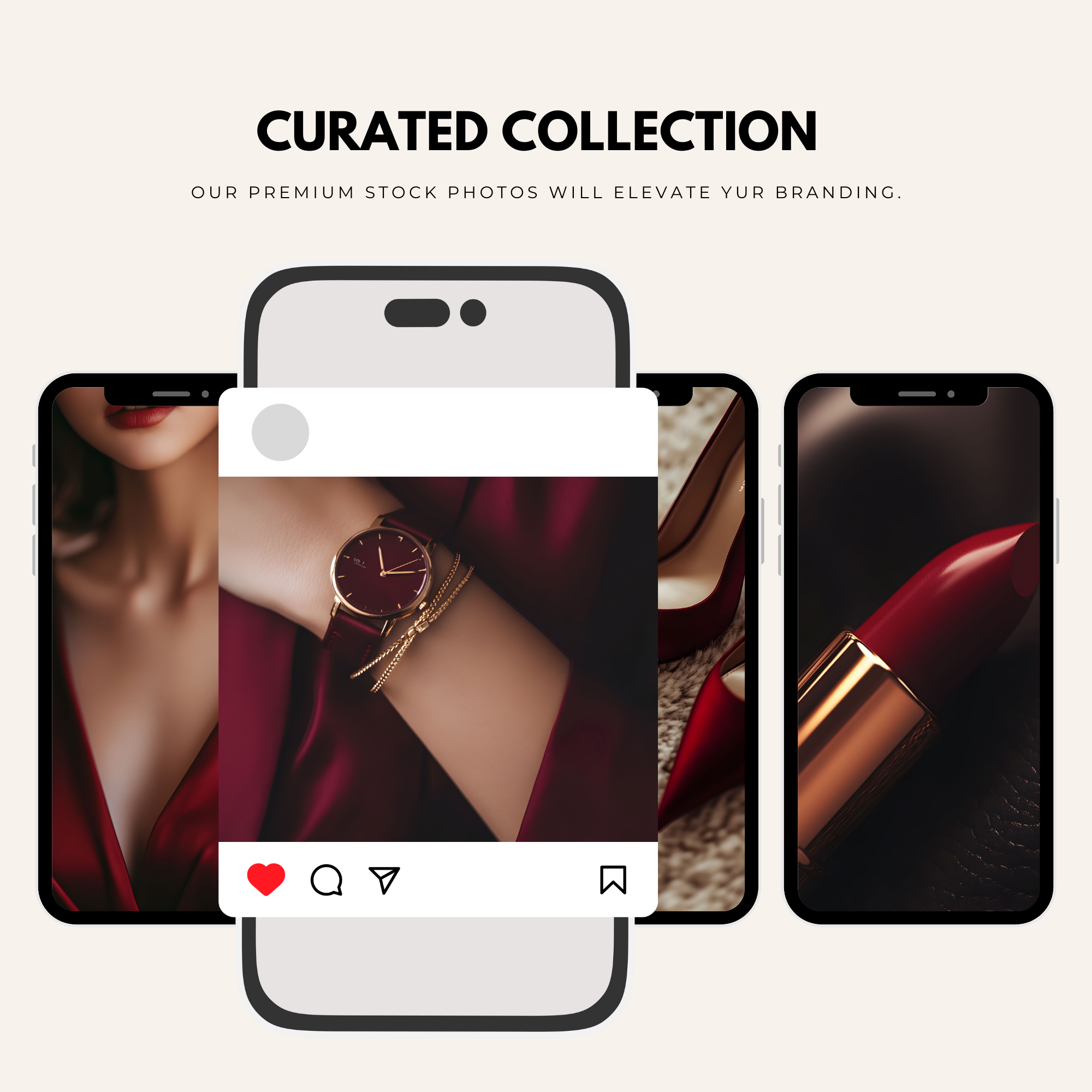 Curated cherry red stock photo collection for social media branding, showcasing luxury watch, lipstick, and fashion-forward visuals.