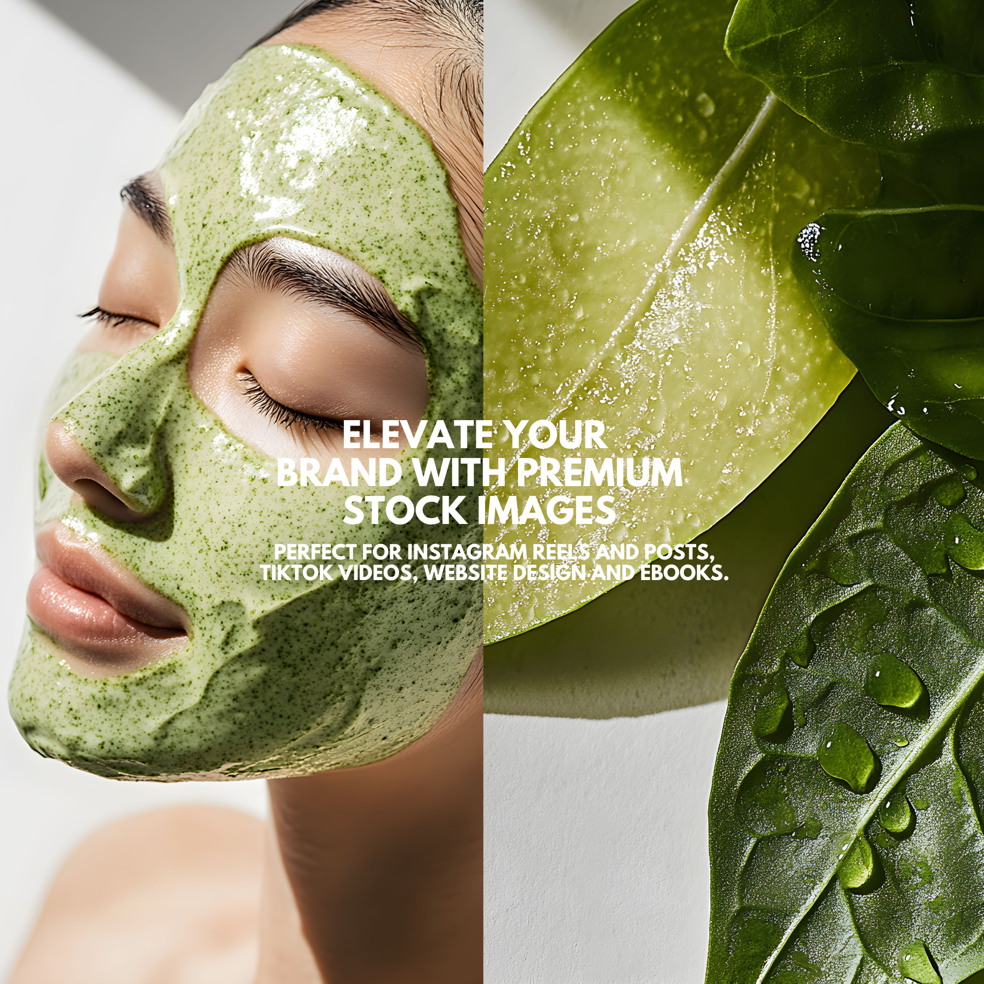 Health Wellness Stock Images for Your Brand showcasing a woman with a green face mask and close-up of dewy spinach leaves for skincare content.