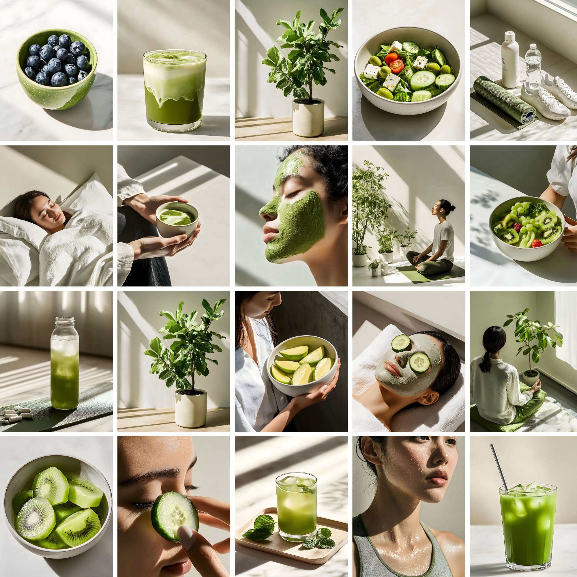 Health Wellness Stock Images for Your Brand with a collage of 20 lifestyle photos including smoothies, skincare, yoga, and healthy meals.