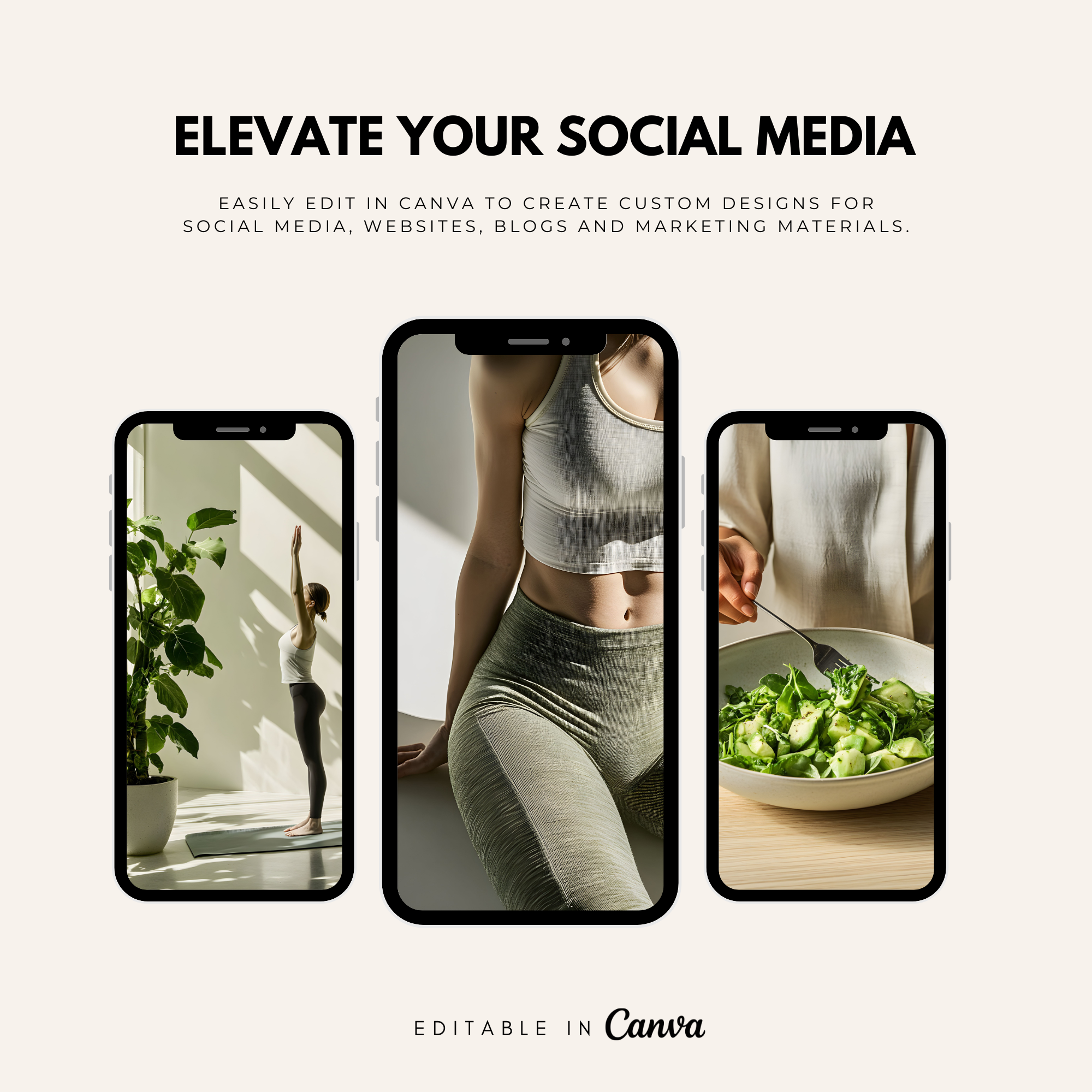 Health Wellness Stock Images for Your Brand displayed on smartphones with editable Canva templates for social media and marketing use.