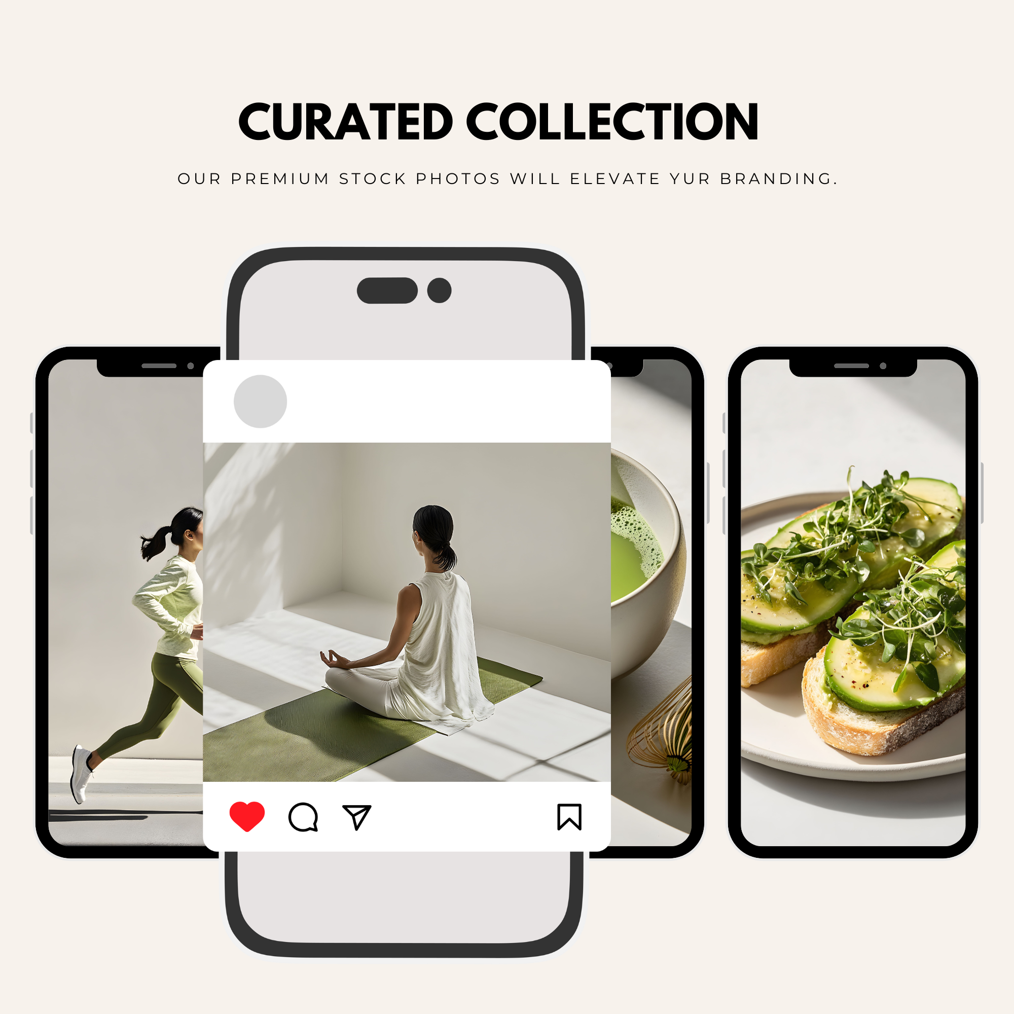 Health Wellness Stock Images for Your Brand shown on mobile screens with curated visuals like yoga, avocado toast, and wellness routines.