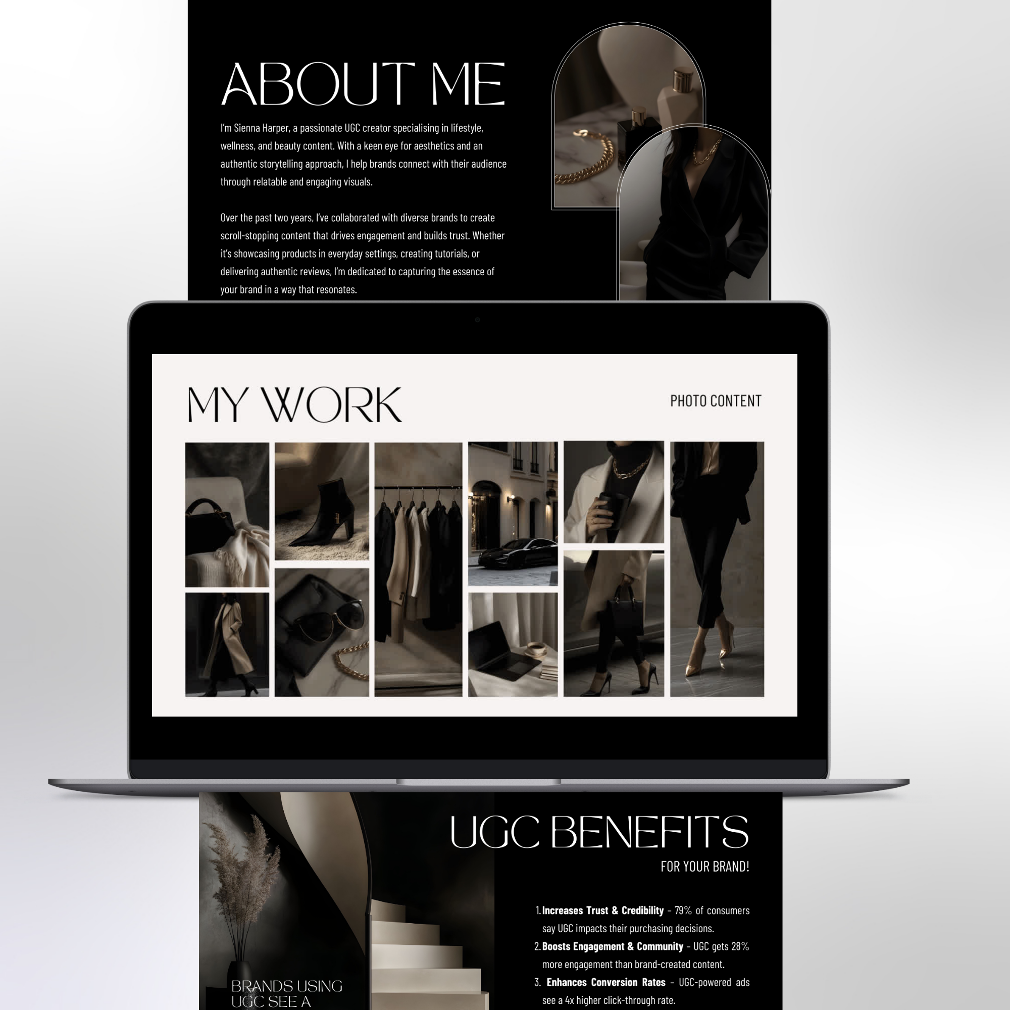 UGC Portfolio Template - Customized Digital Product | Canva Edit displayed on a laptop screen showing photo content and About Me section in a sleek dark theme.