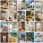 Mediterranean stock images featuring coastal views, whitewashed villas, serene beaches, and rustic decor, perfect for travel and lifestyle branding.