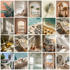Collection of Mediterranean stock images featuring coastal views, sunlit villas, tropical plants, and serene outdoor settings for travel and branding.