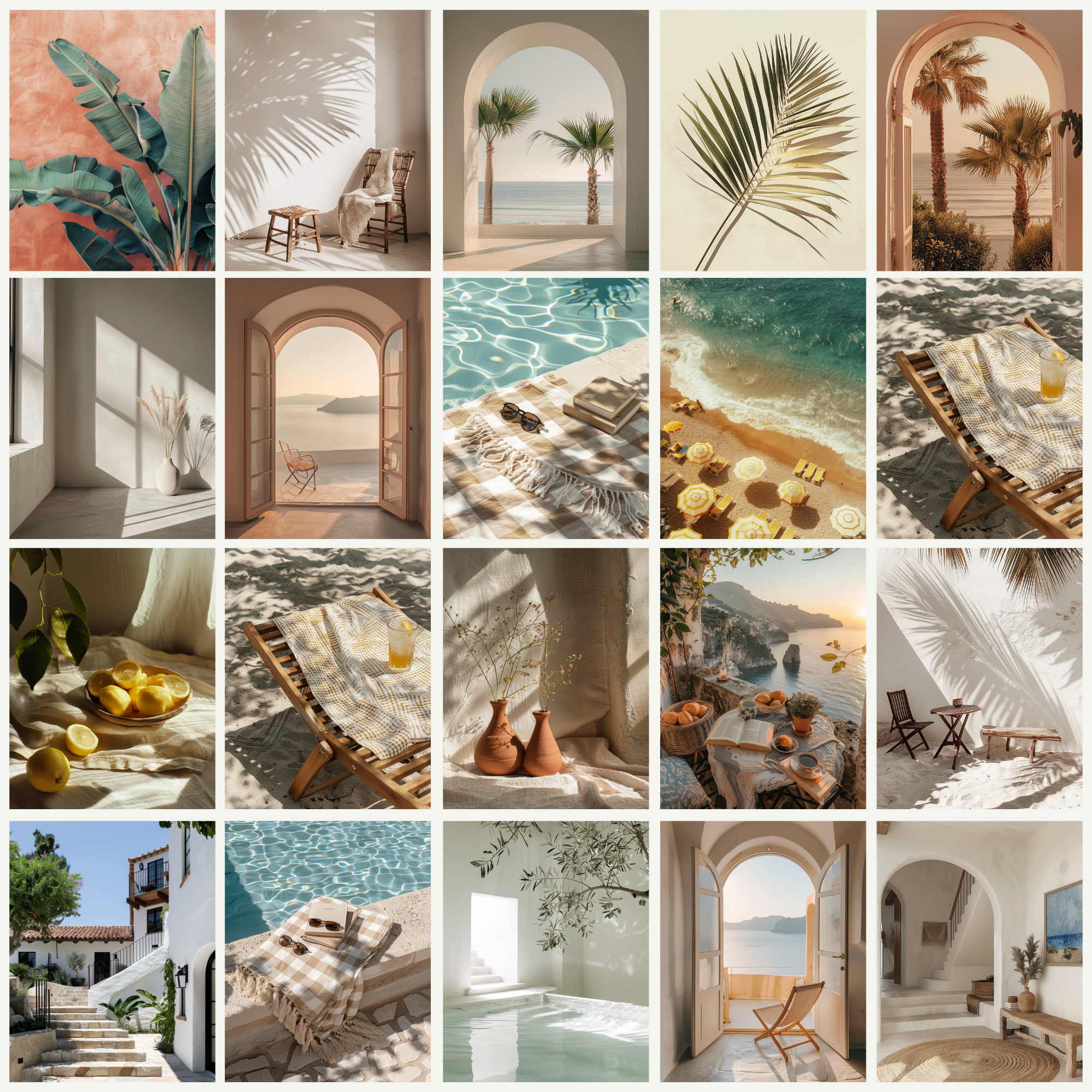 Collection of Mediterranean stock images featuring coastal views, sunlit villas, tropical plants, and serene outdoor settings for travel and branding.