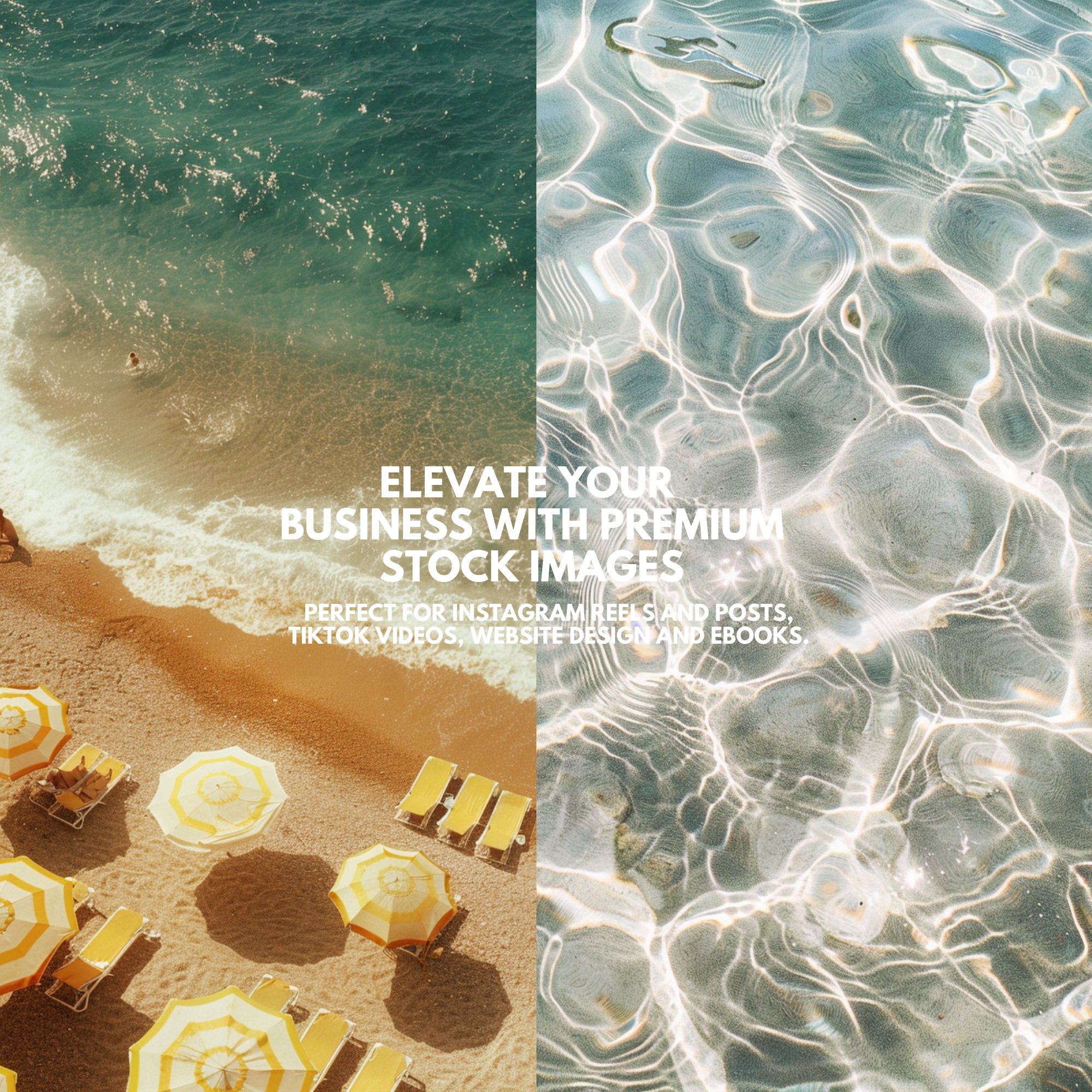 Mediterranean stock images featuring coastal beach umbrellas and crystal-clear water reflections, ideal for social media, branding, and design projects.