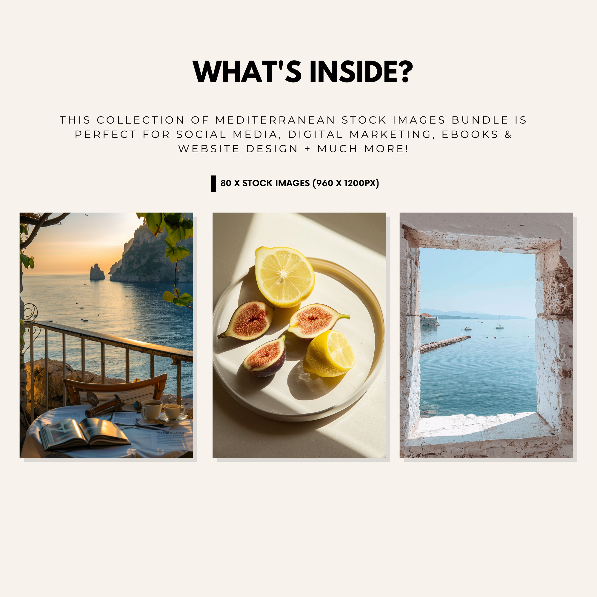 Mediterranean stock images bundle featuring coastal views, vibrant landscapes, and serene villa aesthetics for social media and digital marketing.