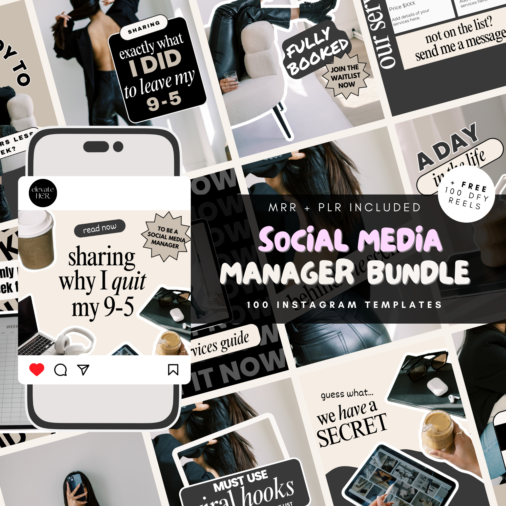 Social Media Manager Bundle with 100 Instagram templates, including posts, stories, viral carousels, and highlight covers. Fully customizable in Canva with Master Resell Rights.