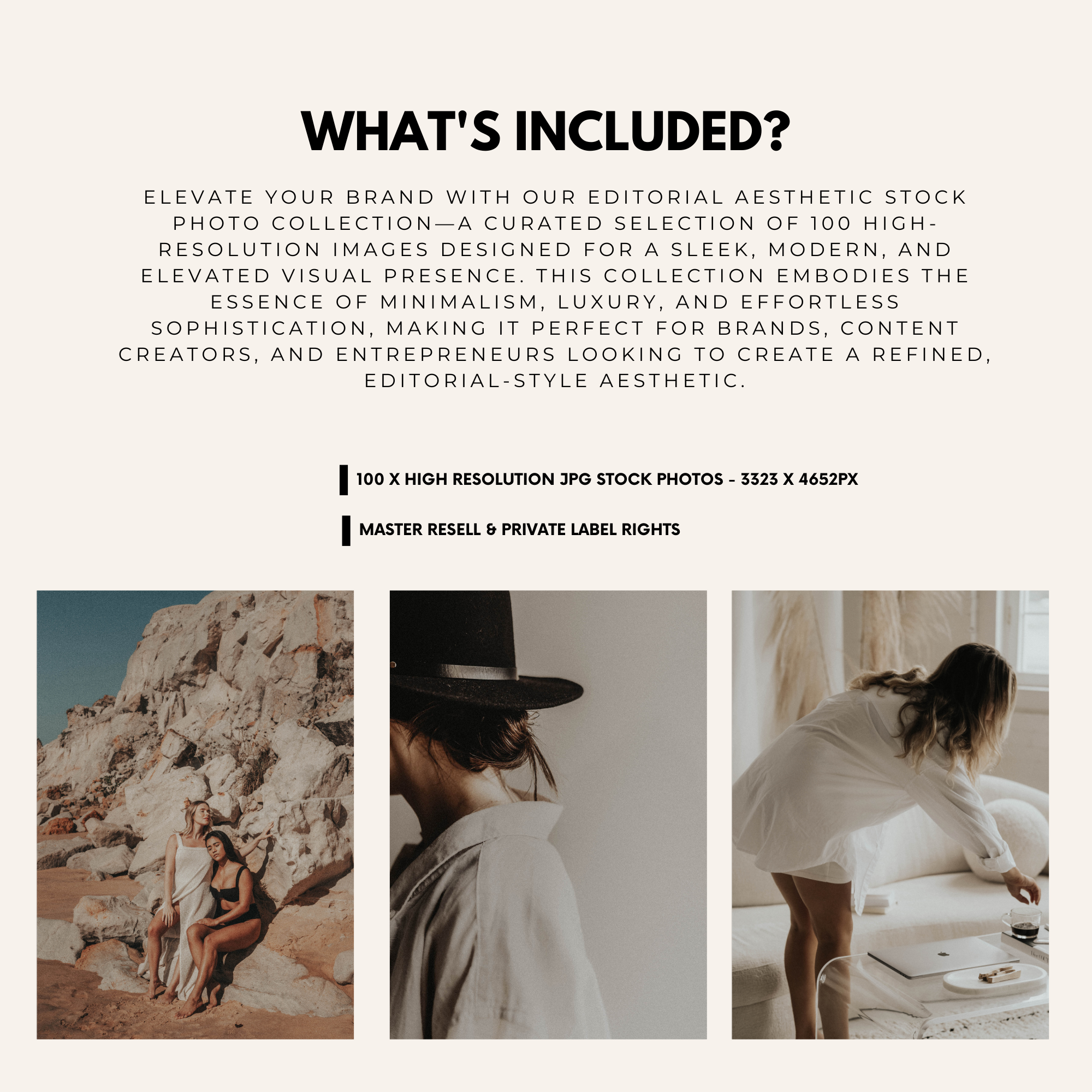 Details of what's included in the 100 Editorial Stock Images Package for Resell, featuring high-res photos with MRR and PLR rights.