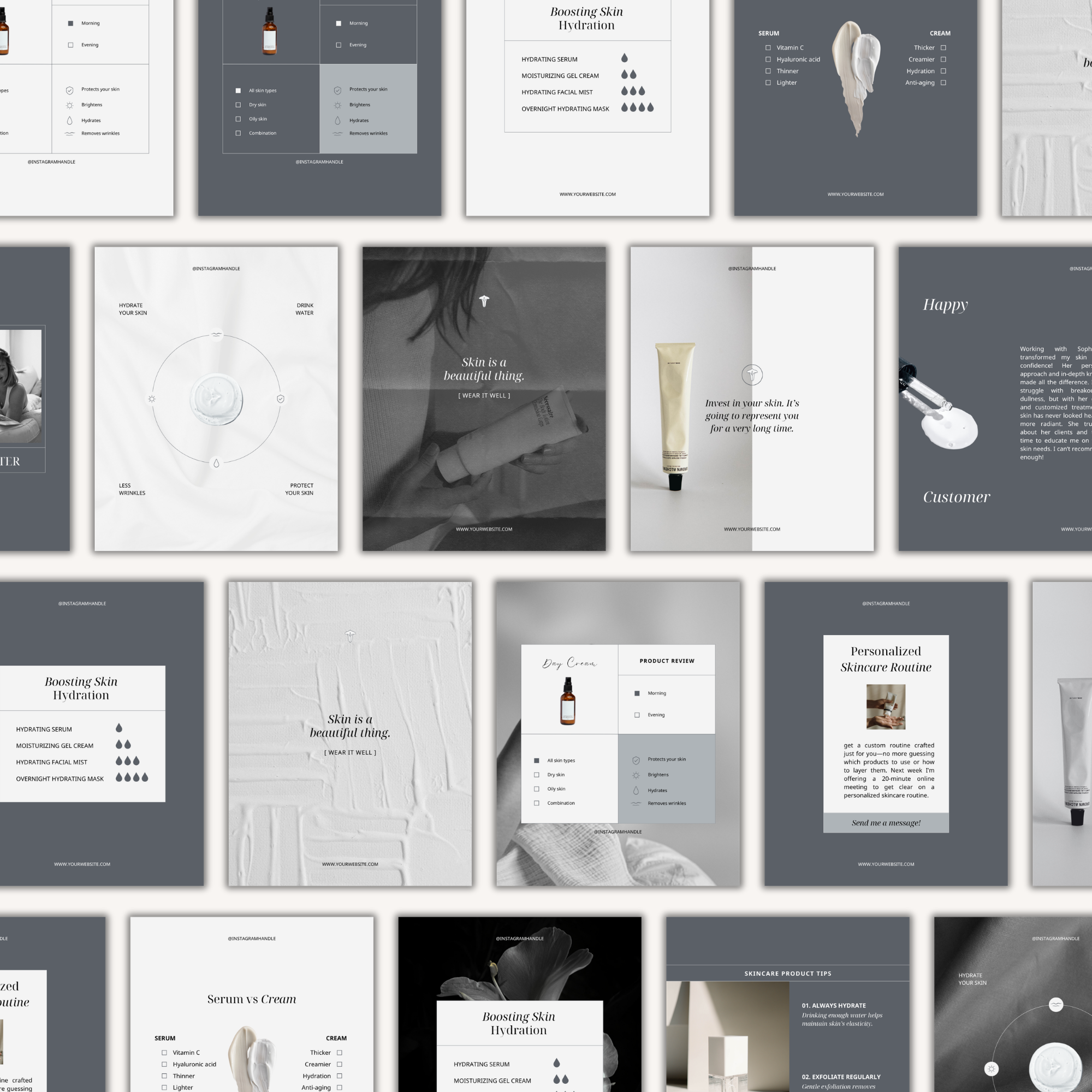 Skincare Instagram Canva templates full bundle preview for estheticians and beauty clinics