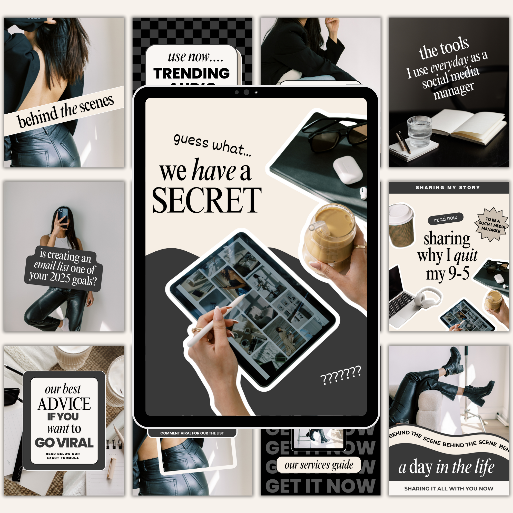 Canva-ready Social Media Manager Bundle with 100 Instagram templates, including posts, stories, carousels, and highlight covers for resale.