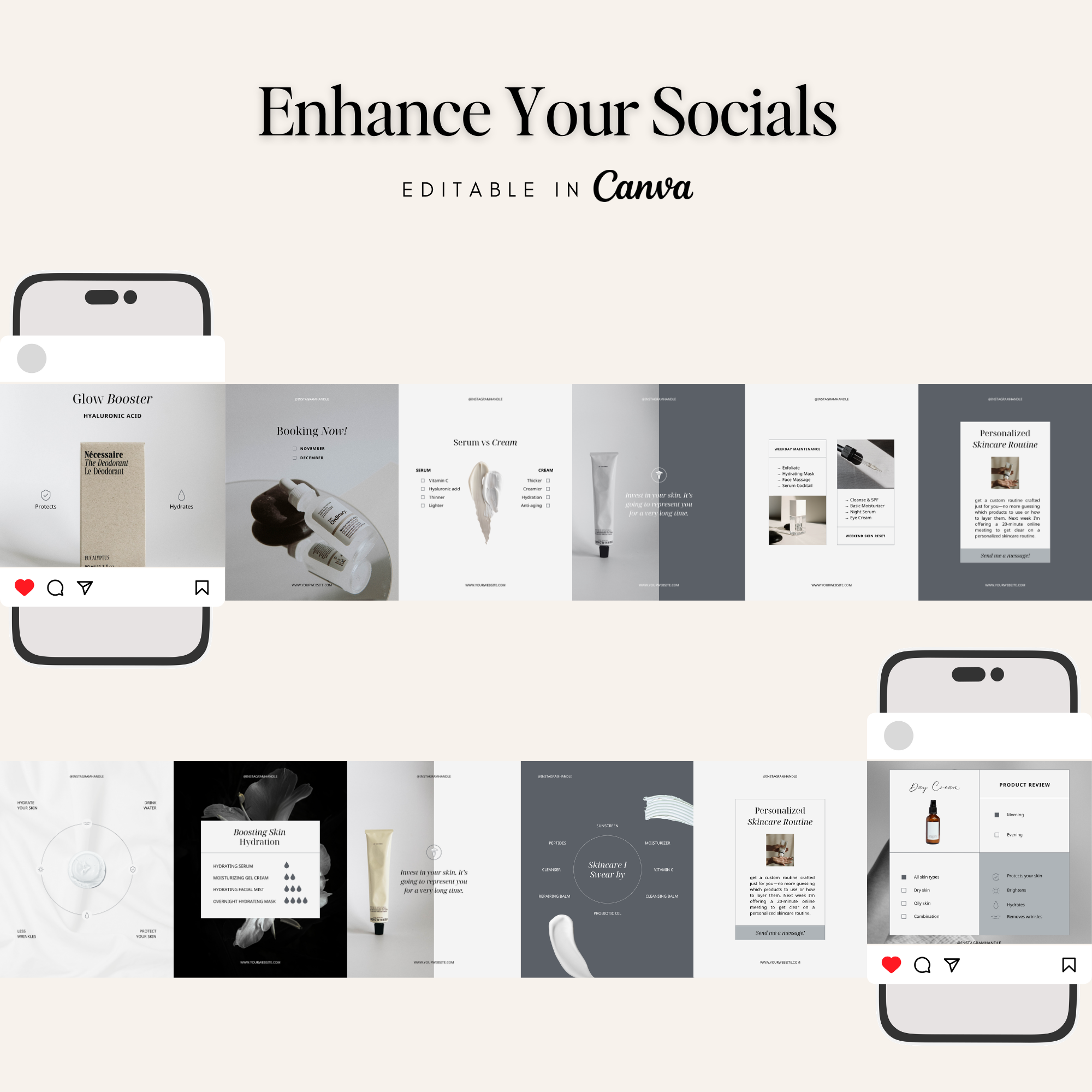 Enhance your socials with editable skincare Instagram templates in Canva