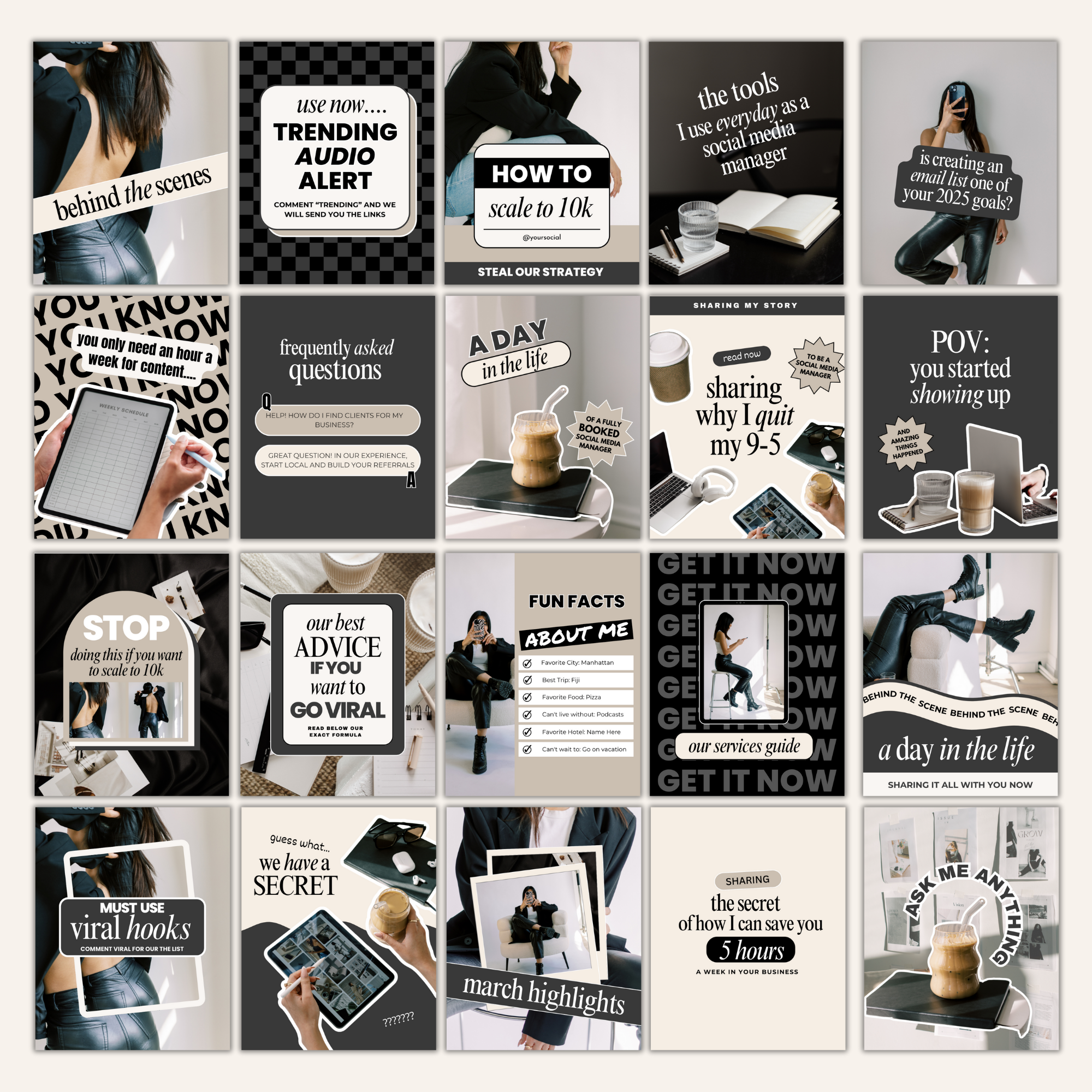 Customisable Instagram template bundle for social media managers, including 100 posts, stories, carousels, and highlight covers with MRR.