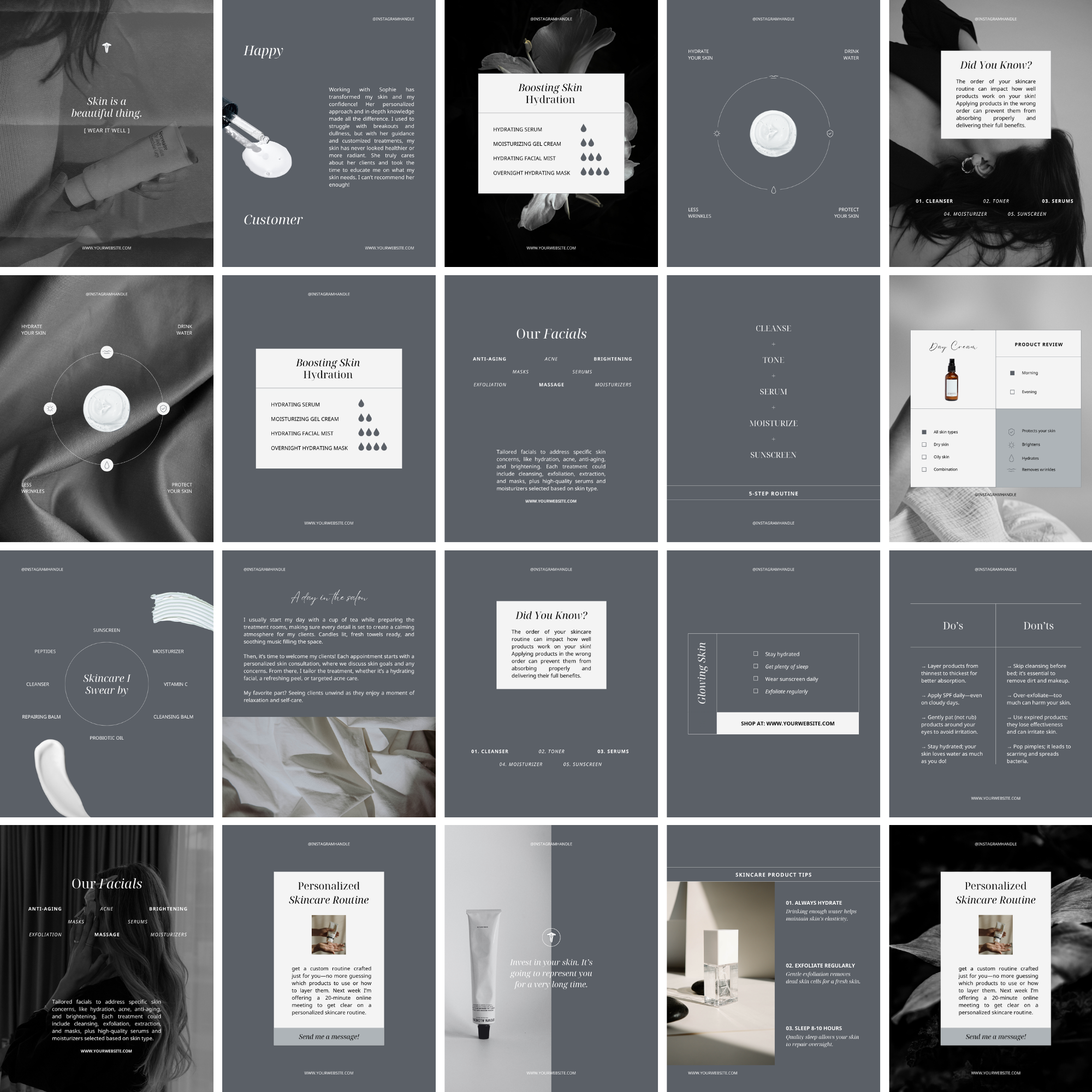 Esthetician Instagram templates product review booking and skincare routine posts