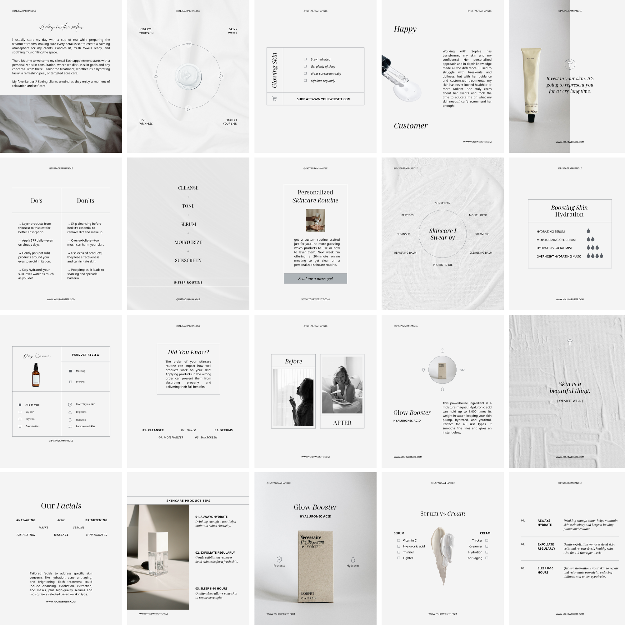Skincare clinic Instagram post templates neutral grey aesthetic Canva