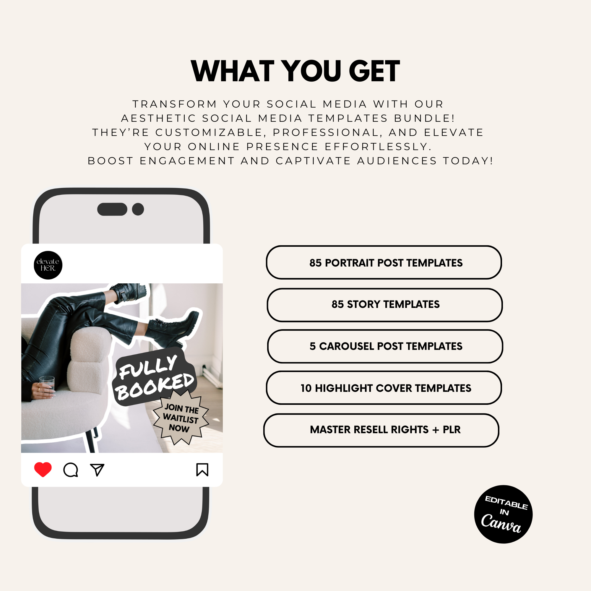 100 Instagram templates for social media managers, featuring posts, stories, viral carousels, and highlight covers, customisable in Canva.