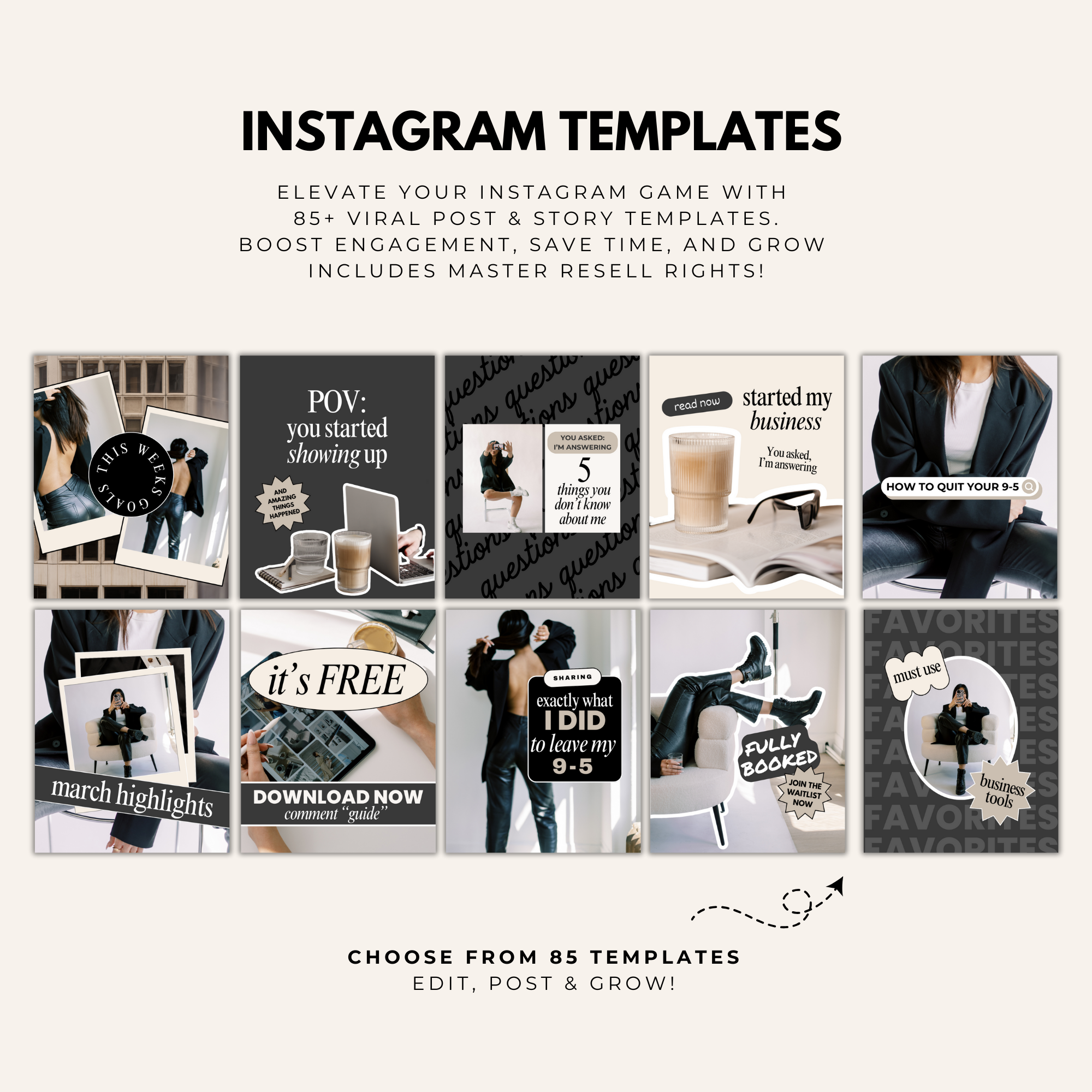 Social Media Manager Bundle featuring 100 Instagram templates, perfect for posts, stories, carousels, and highlight covers with resale rights.