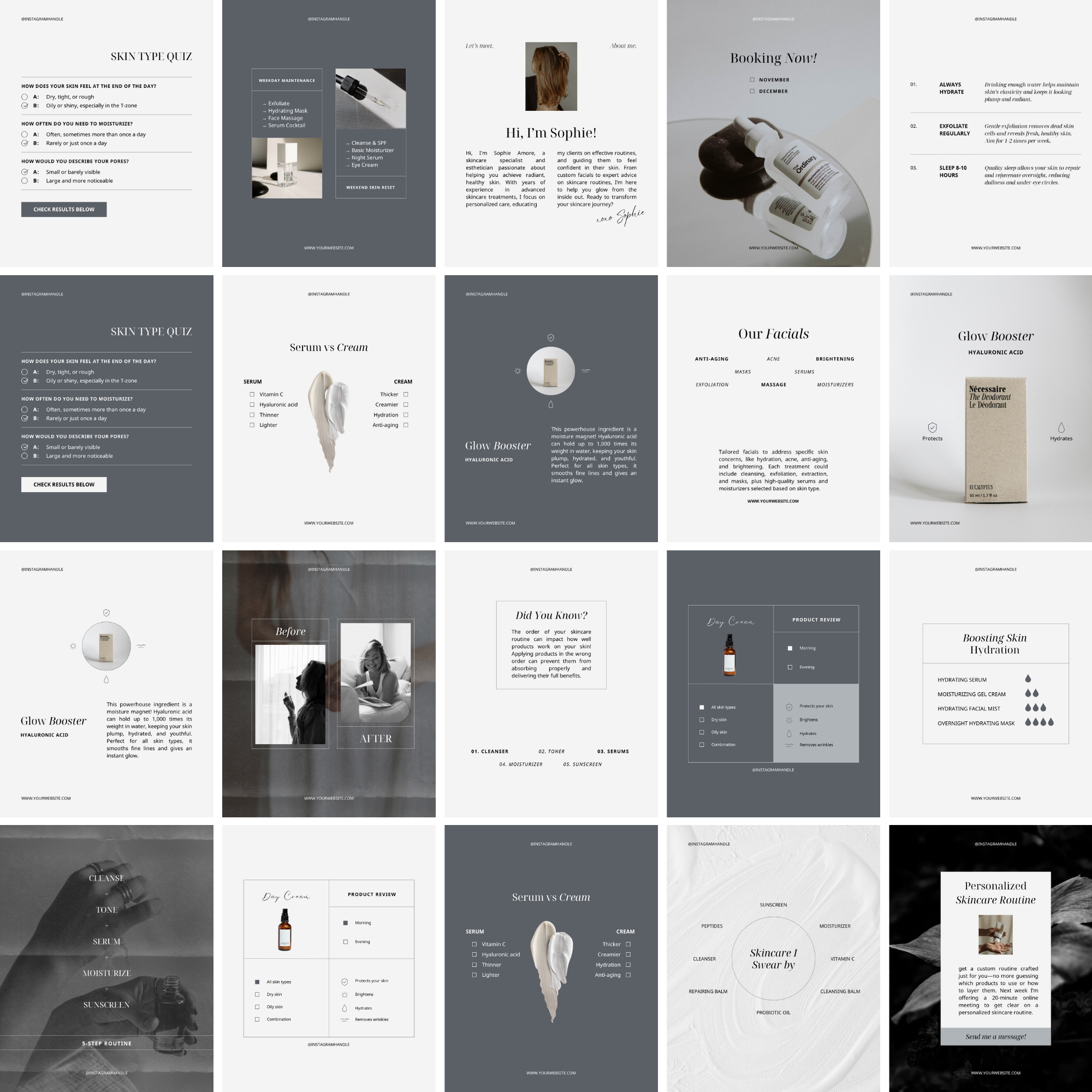 Skincare clinic Instagram post templates neutral grey aesthetic Canva