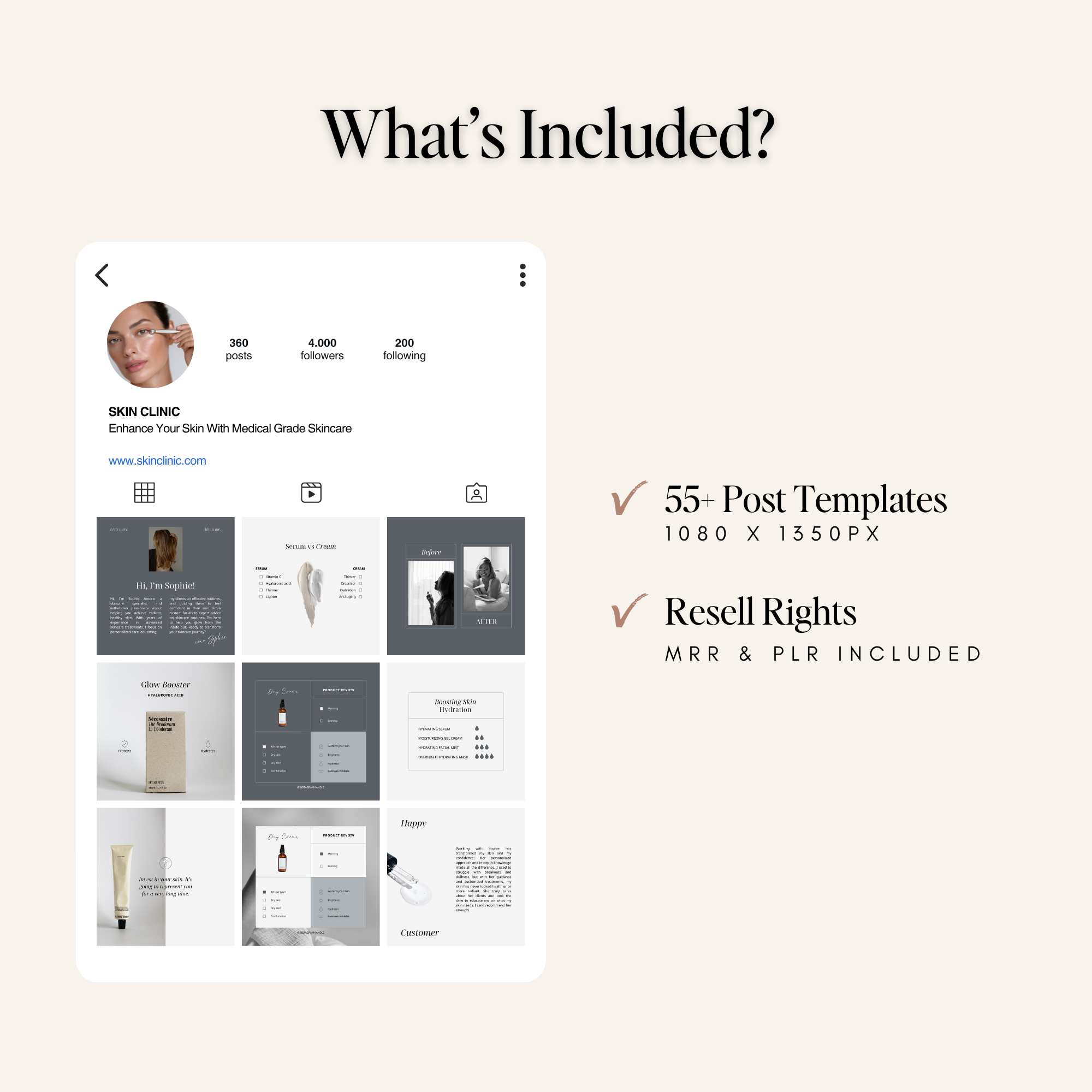 Skincare Instagram templates skin type quiz serum vs cream and before after Canva