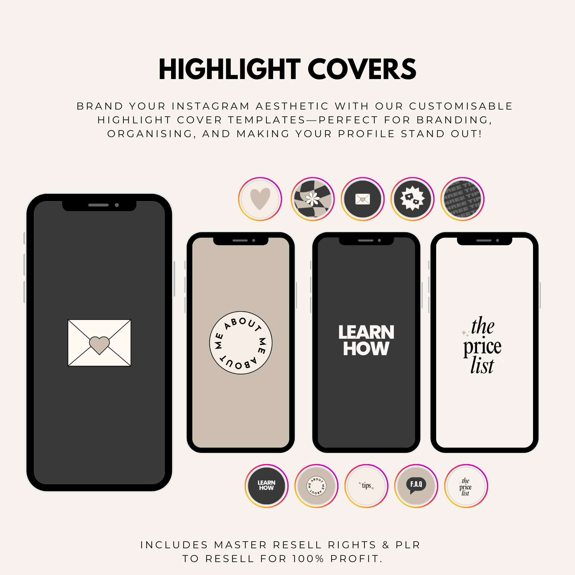 Social Media Manager Bundle with 100 fully customisable Instagram templates for posts, stories, carousels, and highlight covers, including MRR.