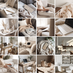 Curated collection of neutral home office stock images with modern desk setups, soft textures, and elegant aesthetics. Ideal for social media and marketing.