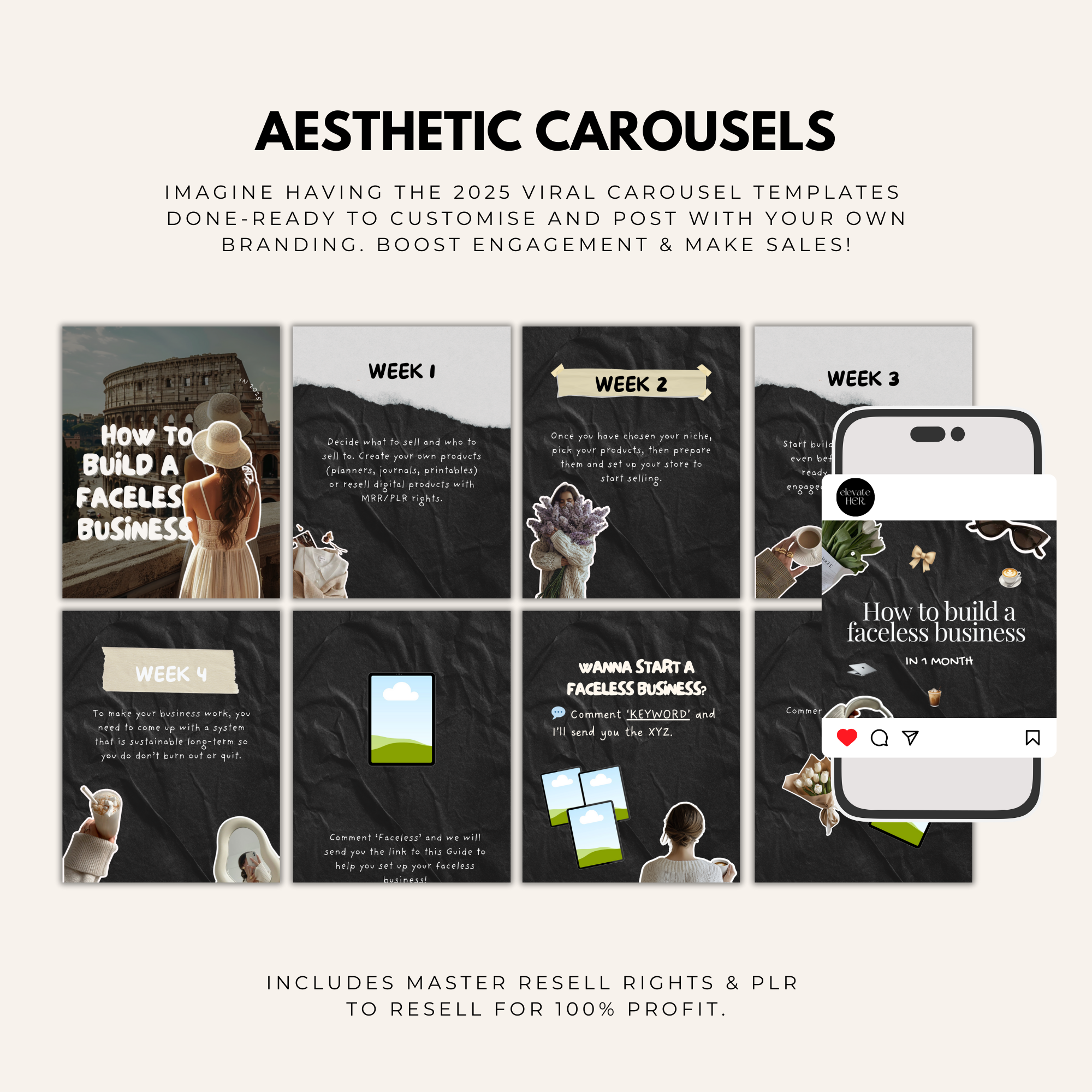 Aesthetic Carousel Templates Bundle with Master Resell Rights. Stylish, customizable carousel templates for brands, coaches, and creators to boost engagement on social media.