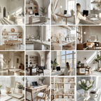 Grid of neutral home office stock images featuring stylish workspaces, natural lighting, and cozy decor. Perfect for branding and content creation.
