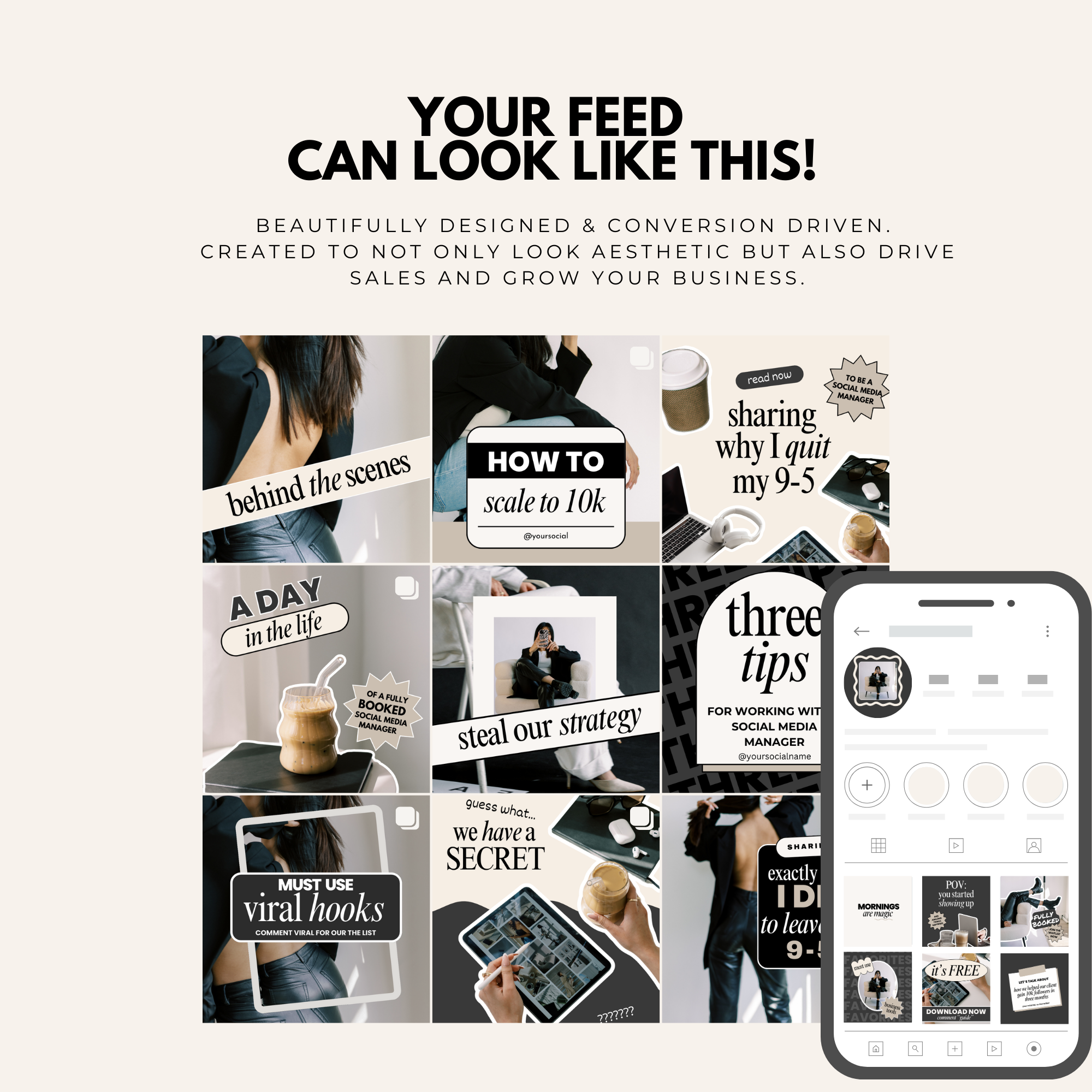Social Media Manager Bundle featuring 100 Instagram templates with MRR. Includes posts, stories, viral carousels, and highlight covers, customizable in Canva.
