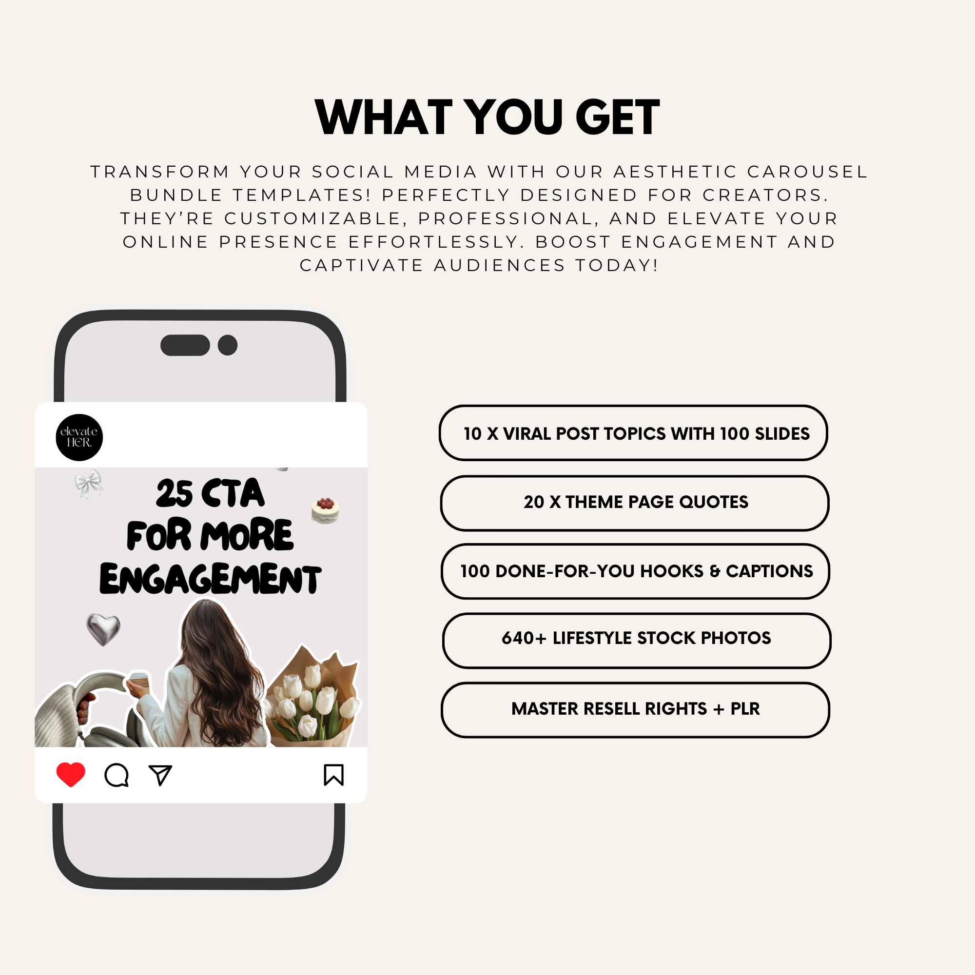 Aesthetic Carousel Templates Bundle with Master Resell Rights. Customisable social media templates for creators to boost engagement effortlessly.