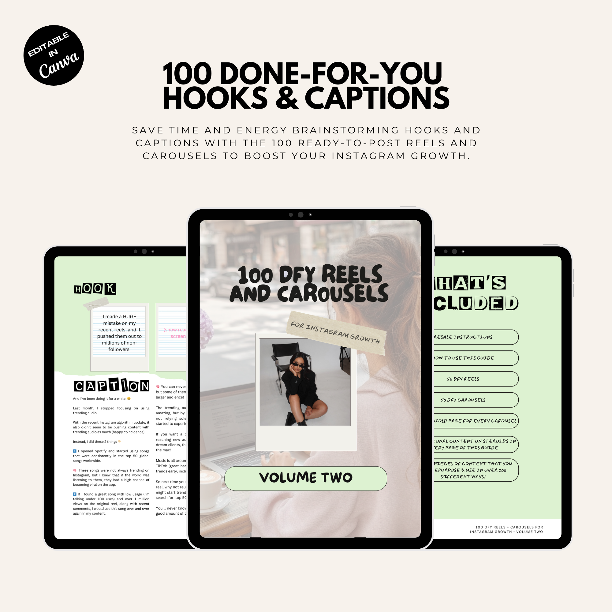 100 Done-For-You Hooks & Captions bundle featuring ready-to-post Instagram reels and carousels. Editable in Canva for social media growth.