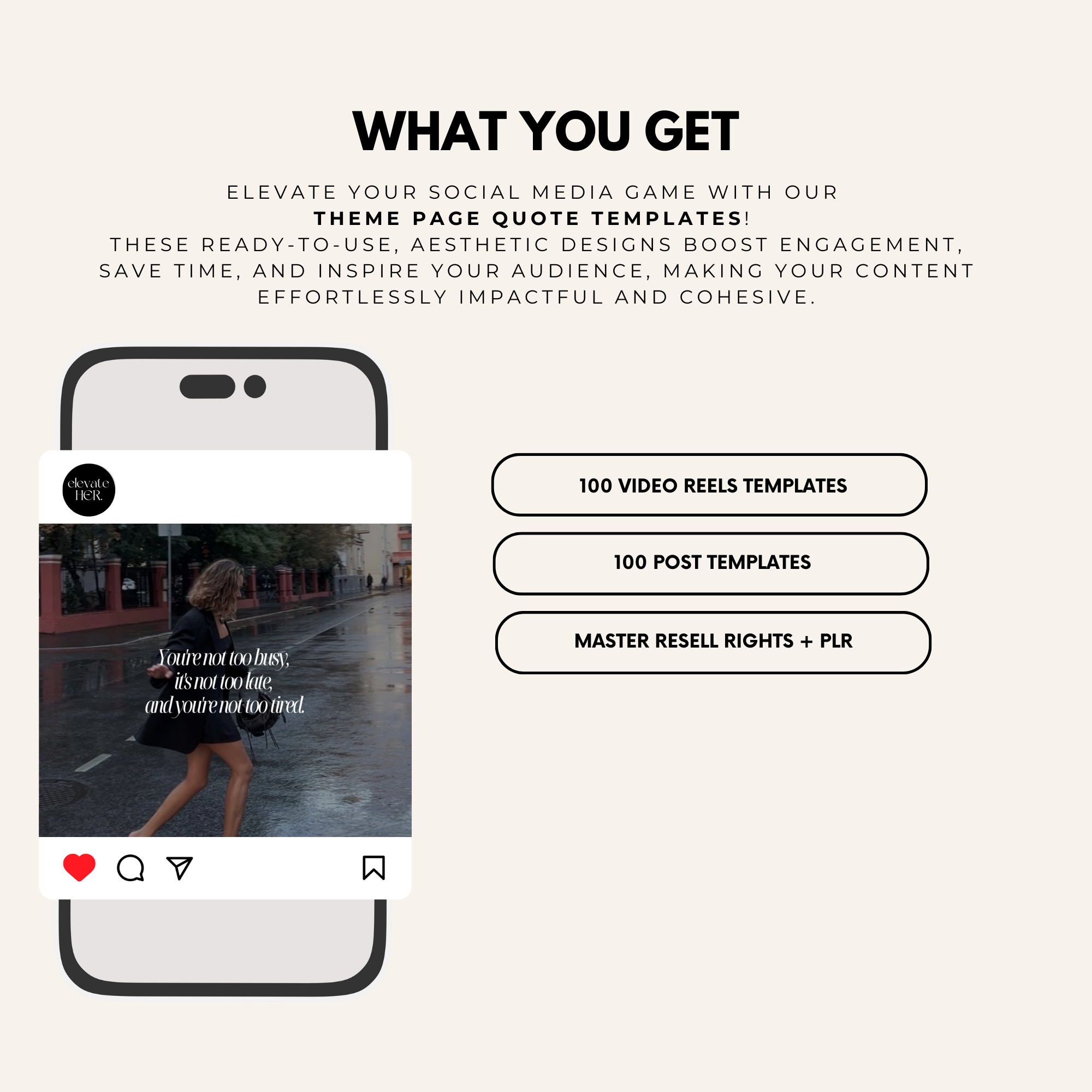 Stylish theme page quote templates for theme pages on Instagram and tiktok, editable in canva.