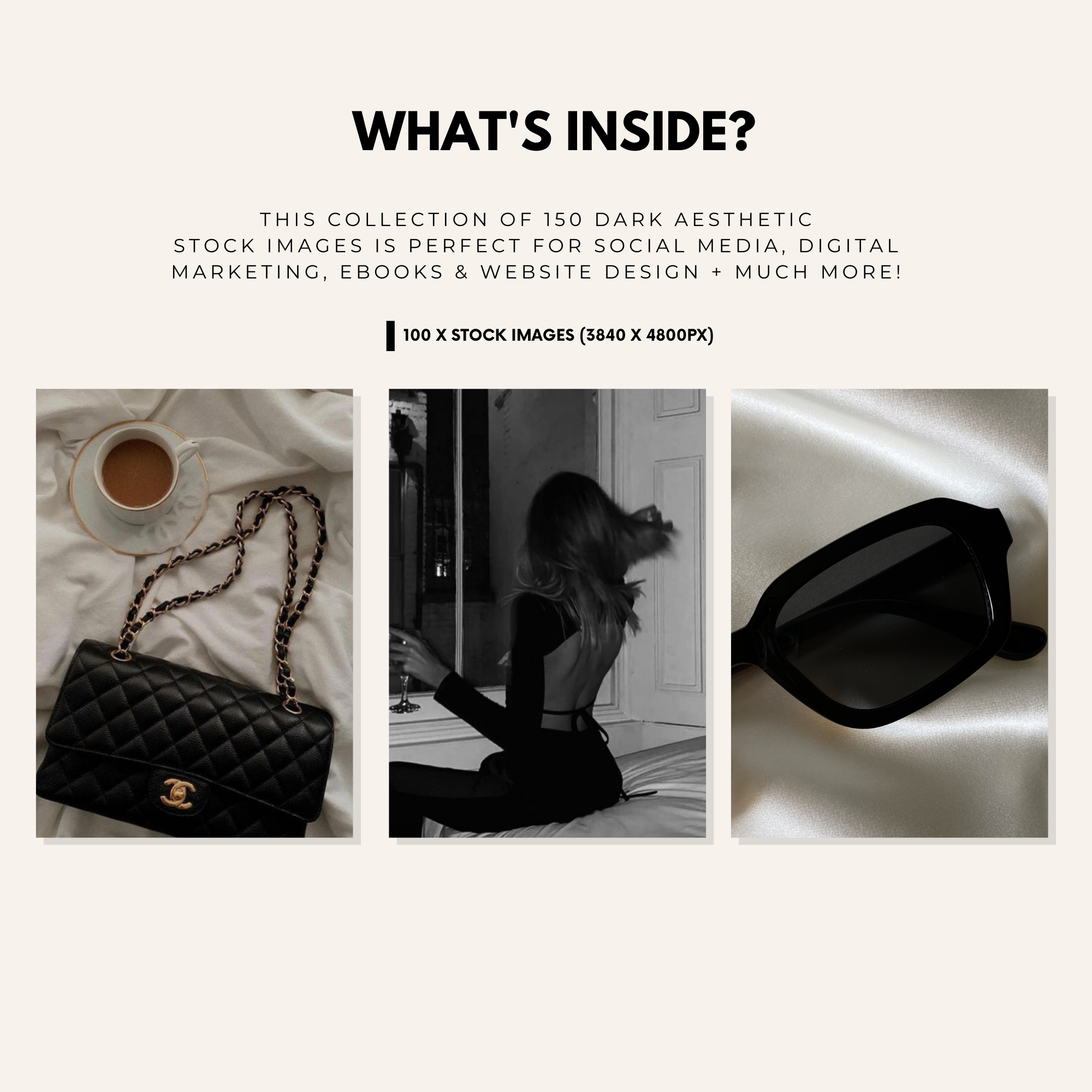 Preview of dark aesthetic stock images featuring luxury fashion, moody photography, and minimalist design elements for digital creators.