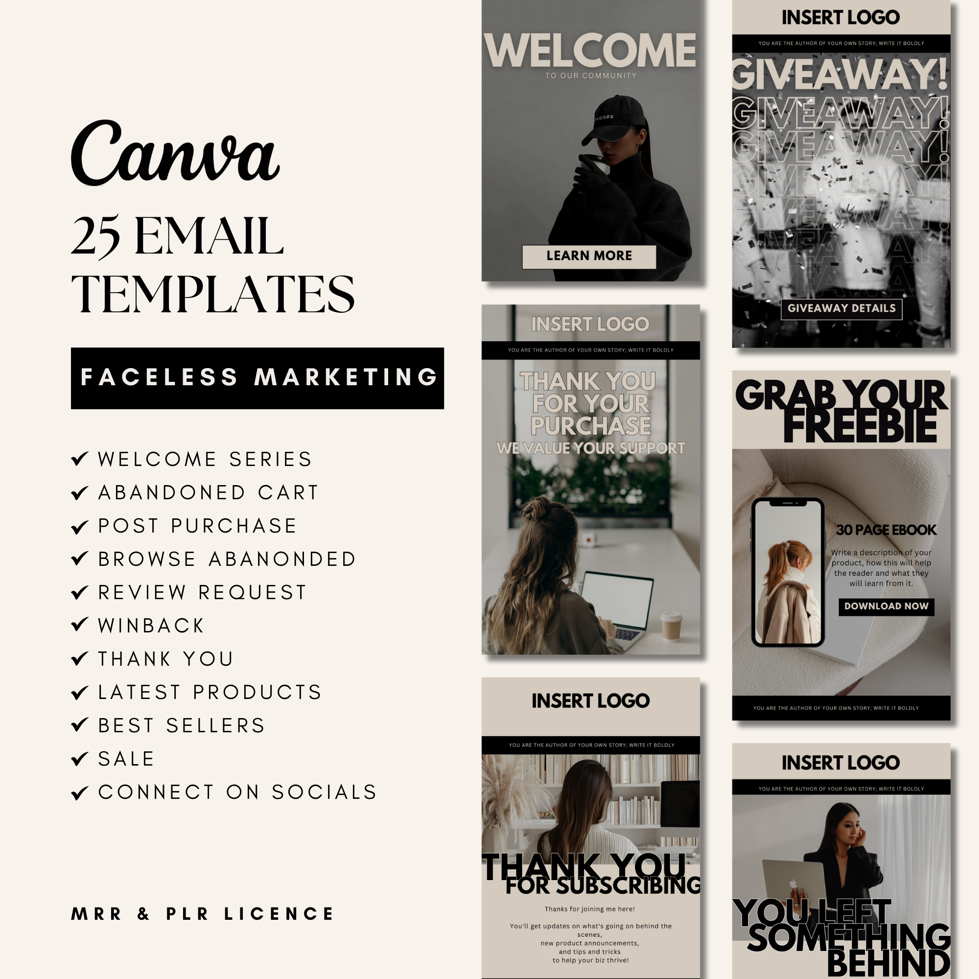 Faceless Marketing 25 Email Templates with Master Resell Rights, featuring customizable Canva designs for businesses and entrepreneurs.