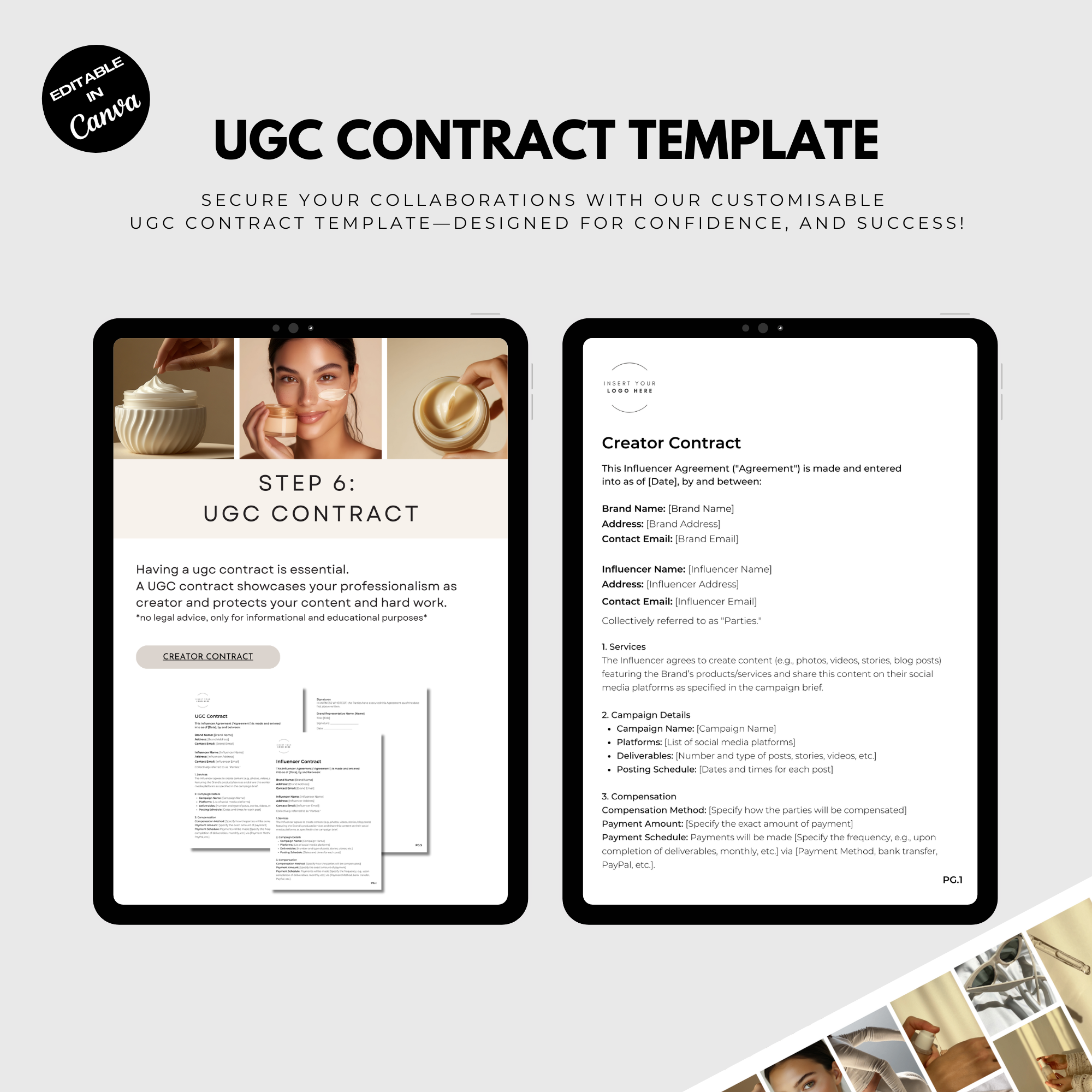 UGC Starter Kit featuring a customizable UGC contract template displayed on tablets. Includes professional contract details for creators.