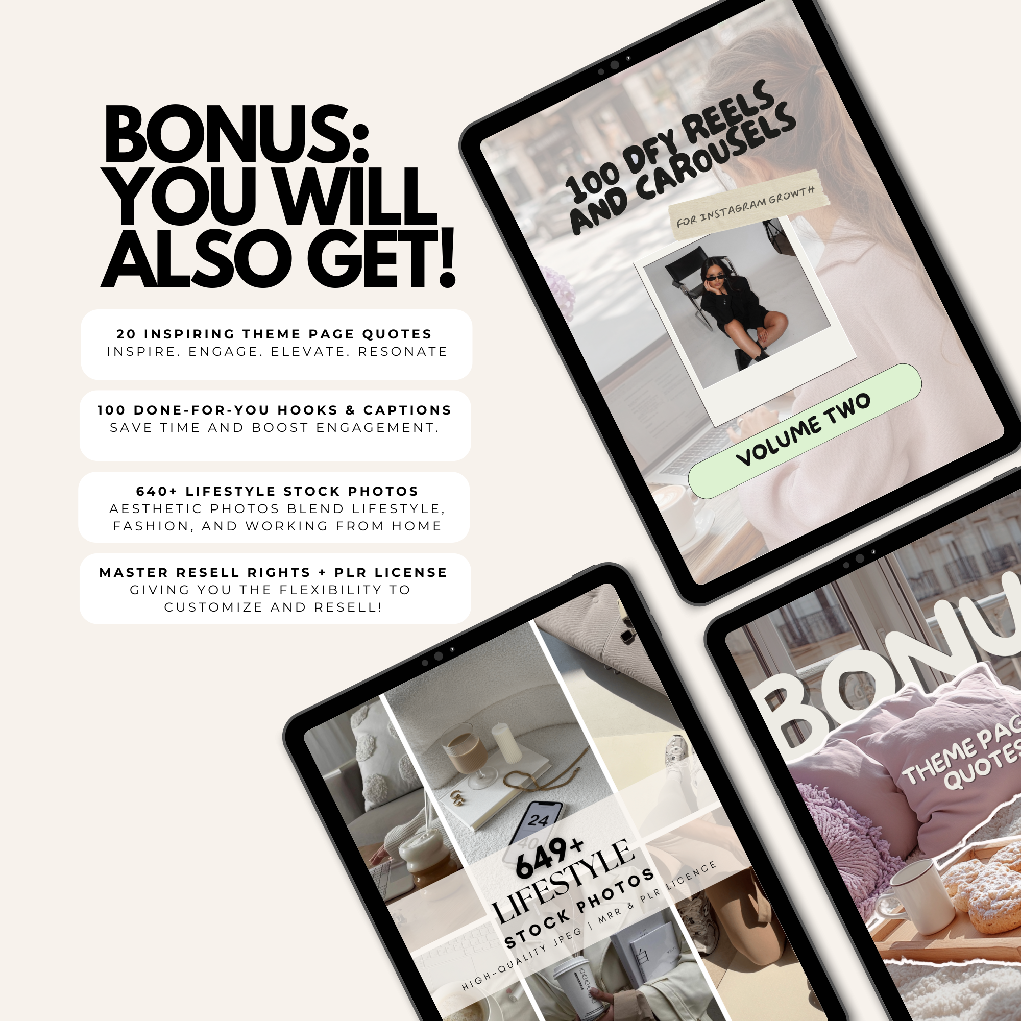 Bonus digital bundle featuring DIY reels, carousels, lifestyle stock photos, and master resell rights for social media content creation.