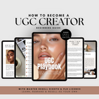 UGC Playbook for Beginners e-book cover and preview pages displayed on tablets, offering a 30-day success plan with resell rights and PLR license.