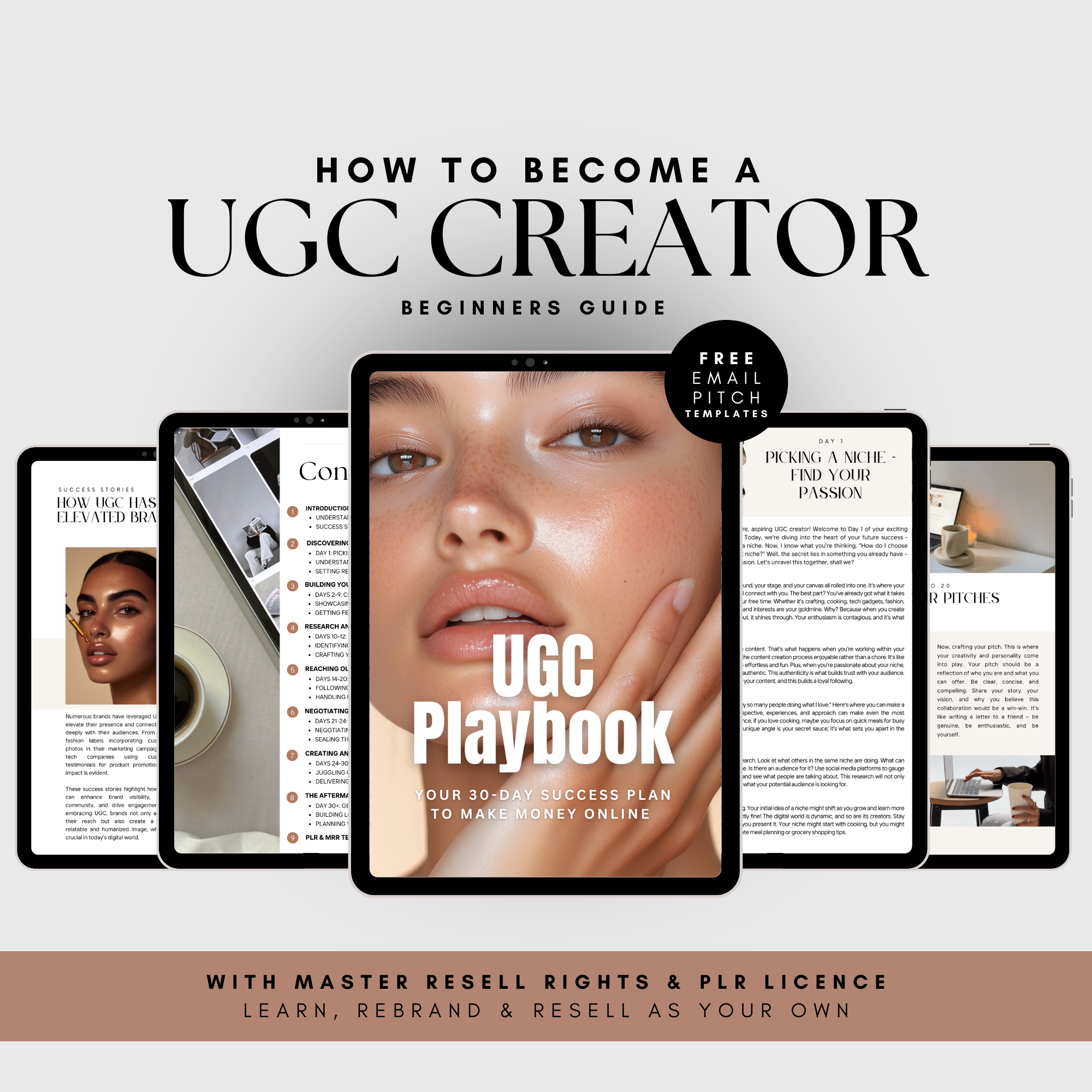UGC Playbook for Beginners e-book cover and preview pages displayed on tablets, offering a 30-day success plan with resell rights and PLR license.