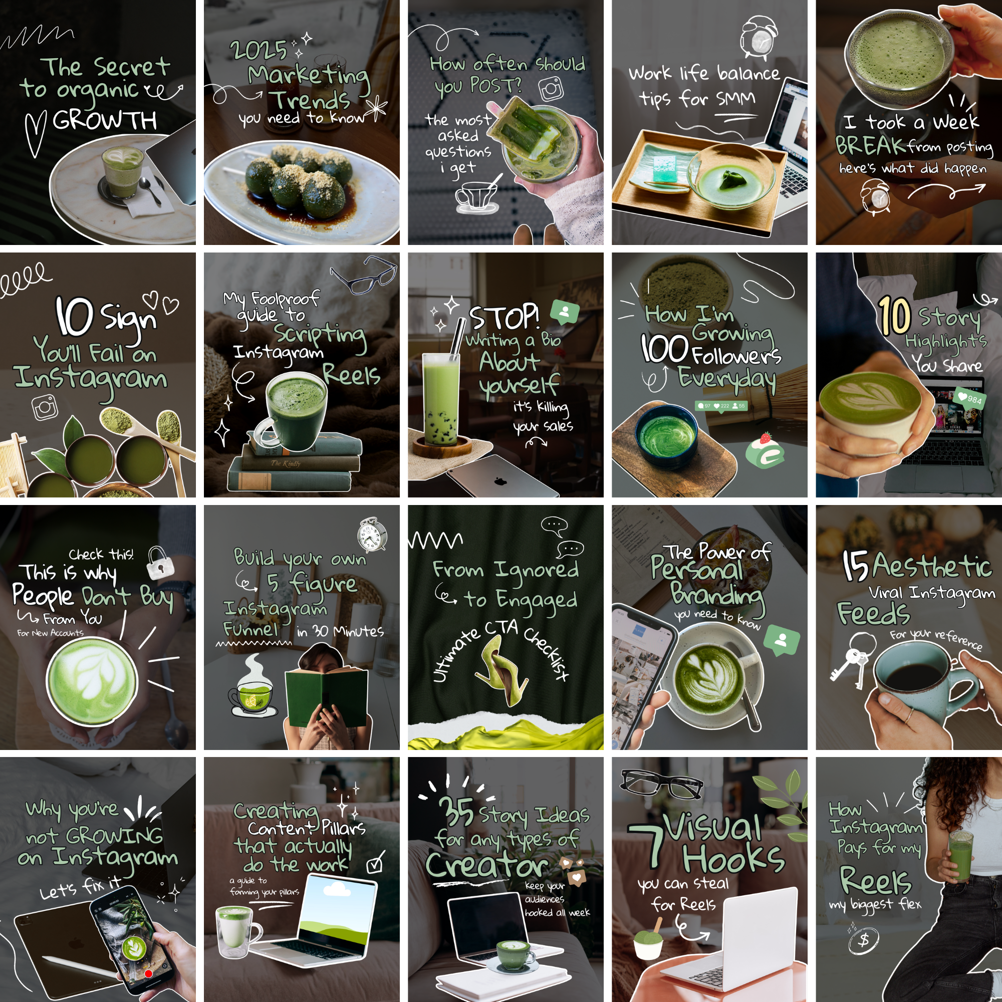 Instagram green matcha carousel templates designed to increase engagement and sales
